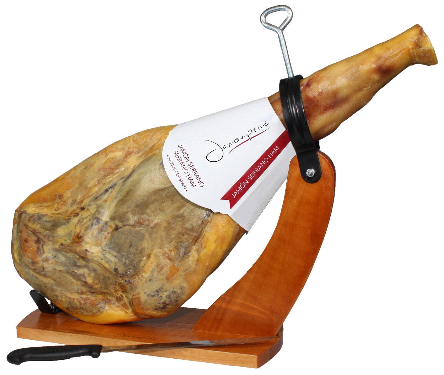 Jamonprive Spanish Serrano Ham Bone in 14-17 lb with Stand & cutting too - 3 Piece Set