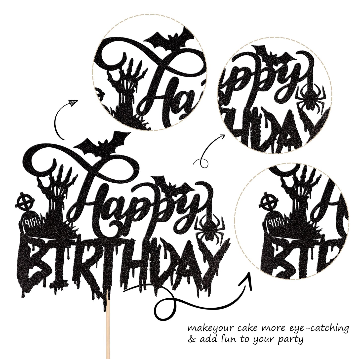 1 Pcs Halloween Happy Birthday Cake Topper Glitter Spooky Rip Zombie Hand Spider Bat Halloween Cake Pick For Halloween Theme Bab