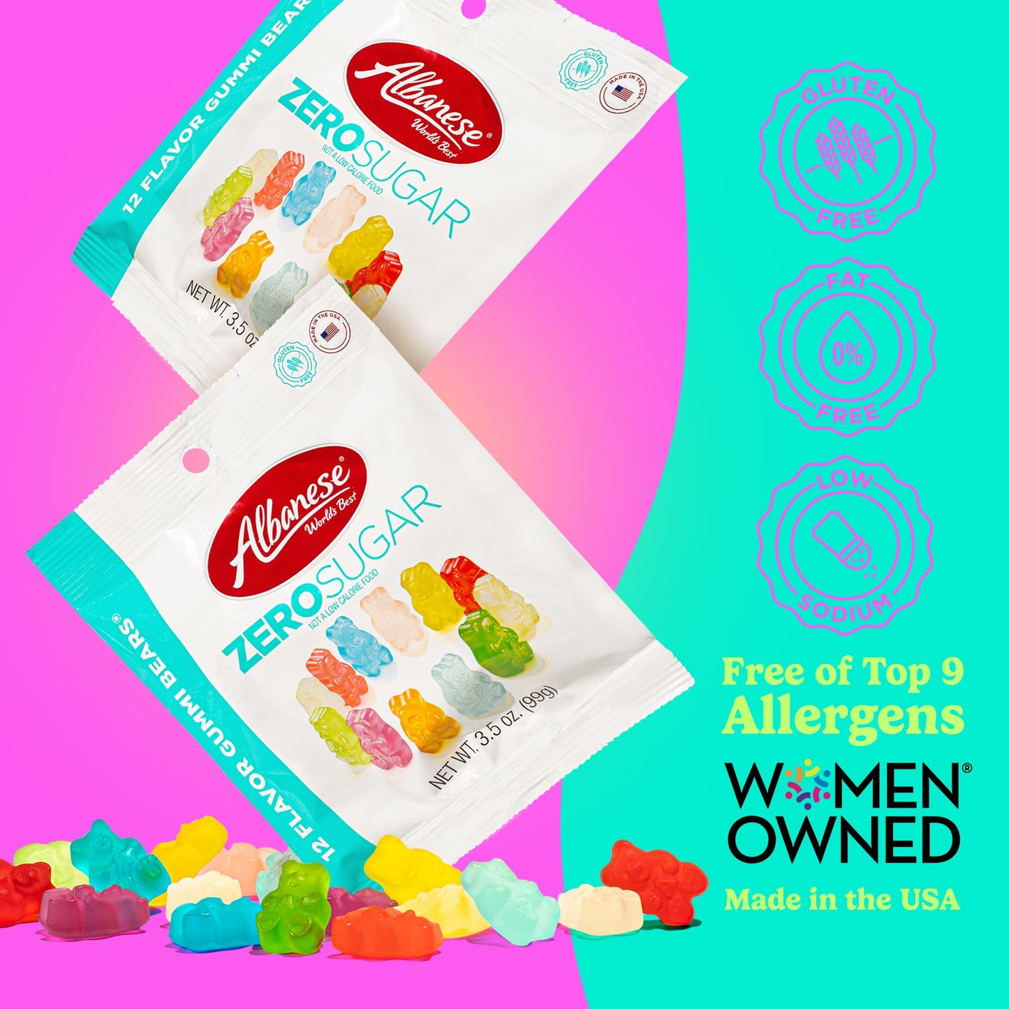 Albanese Candy, Sugar Free 12 Flavor Gummi Bears, 3.5 oz. Bag, Pack of 12