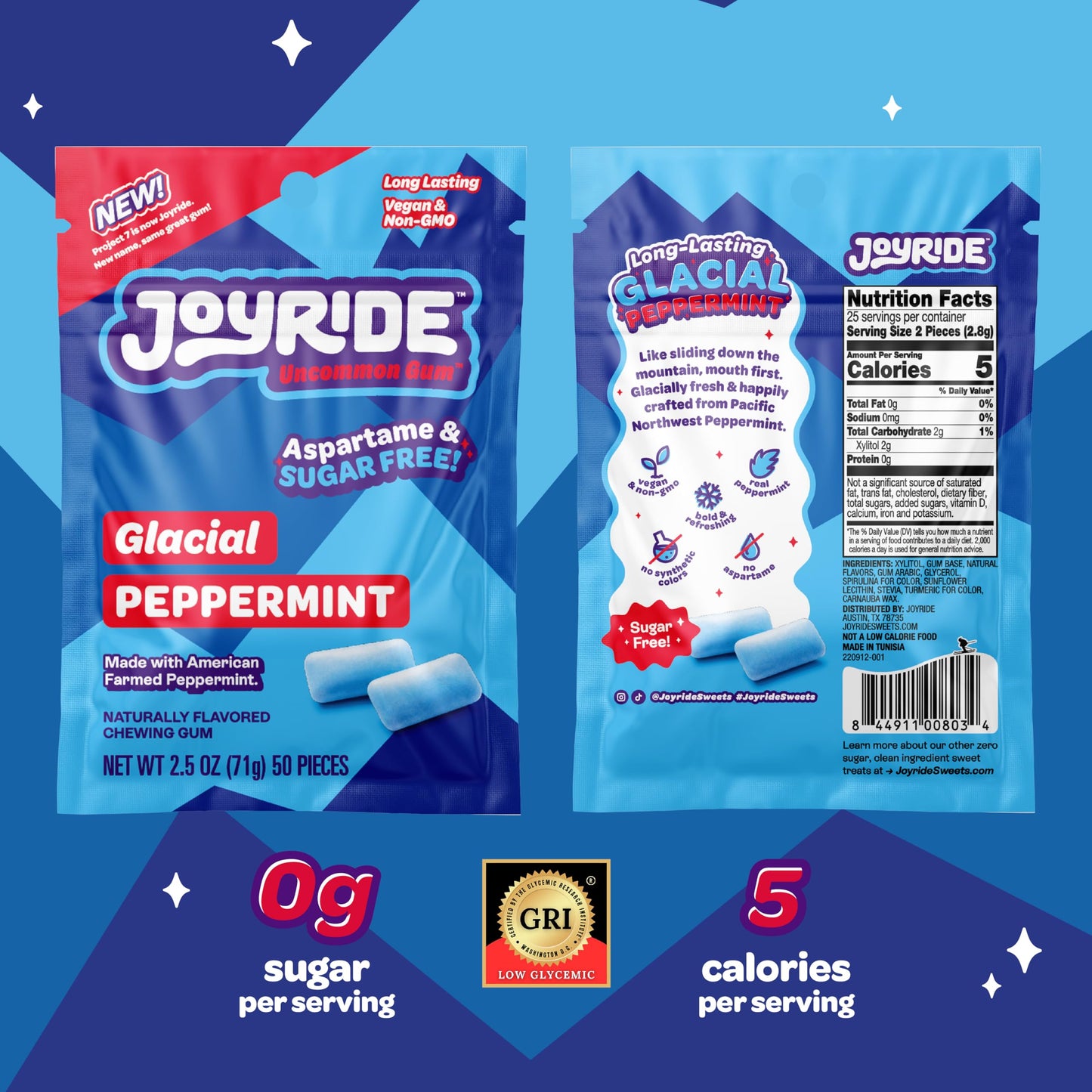 JOYRIDE Sour Strips Bundle - Blue Raspberry & Peppermint Gum, Low Sugar, Dye Free, 3.5 oz (Pack of 6)