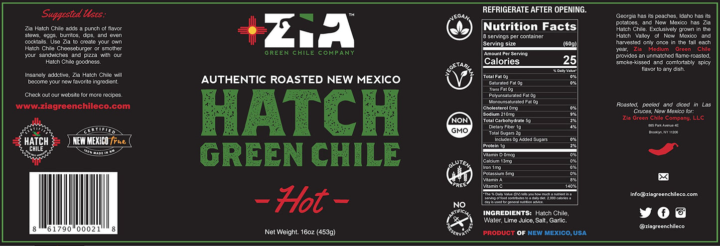 Zia Green Chile Company Original Hatch Green Chile - Flame-Roasted & Diced, Vegan & Gluten-Free, 16oz