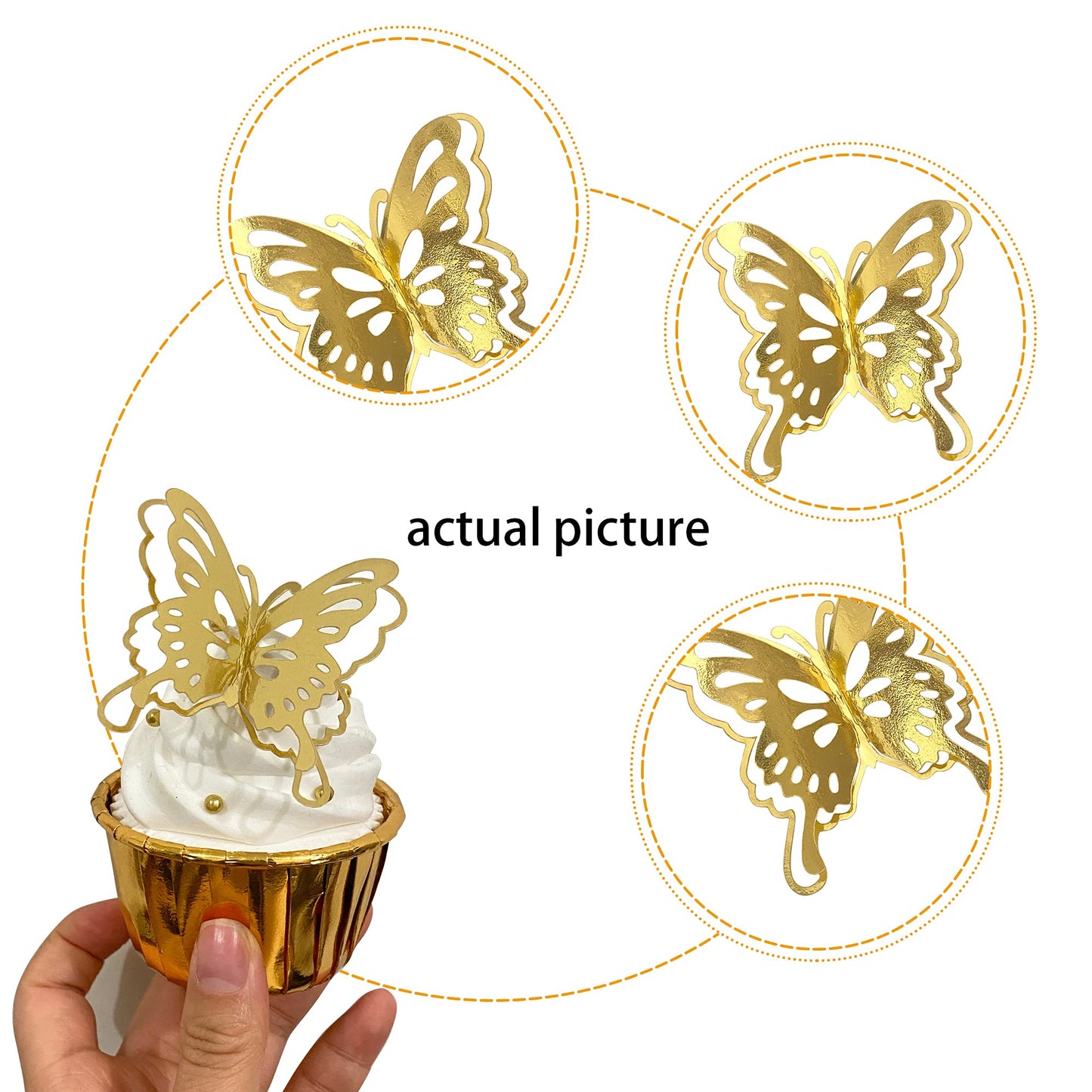 40 Pcs Gold Lively 3D Butterfly Cupcake Toppers Mixed Size Hollow Art Butterfly Cupcake Topper Baby Shower Wedding Anniversary B