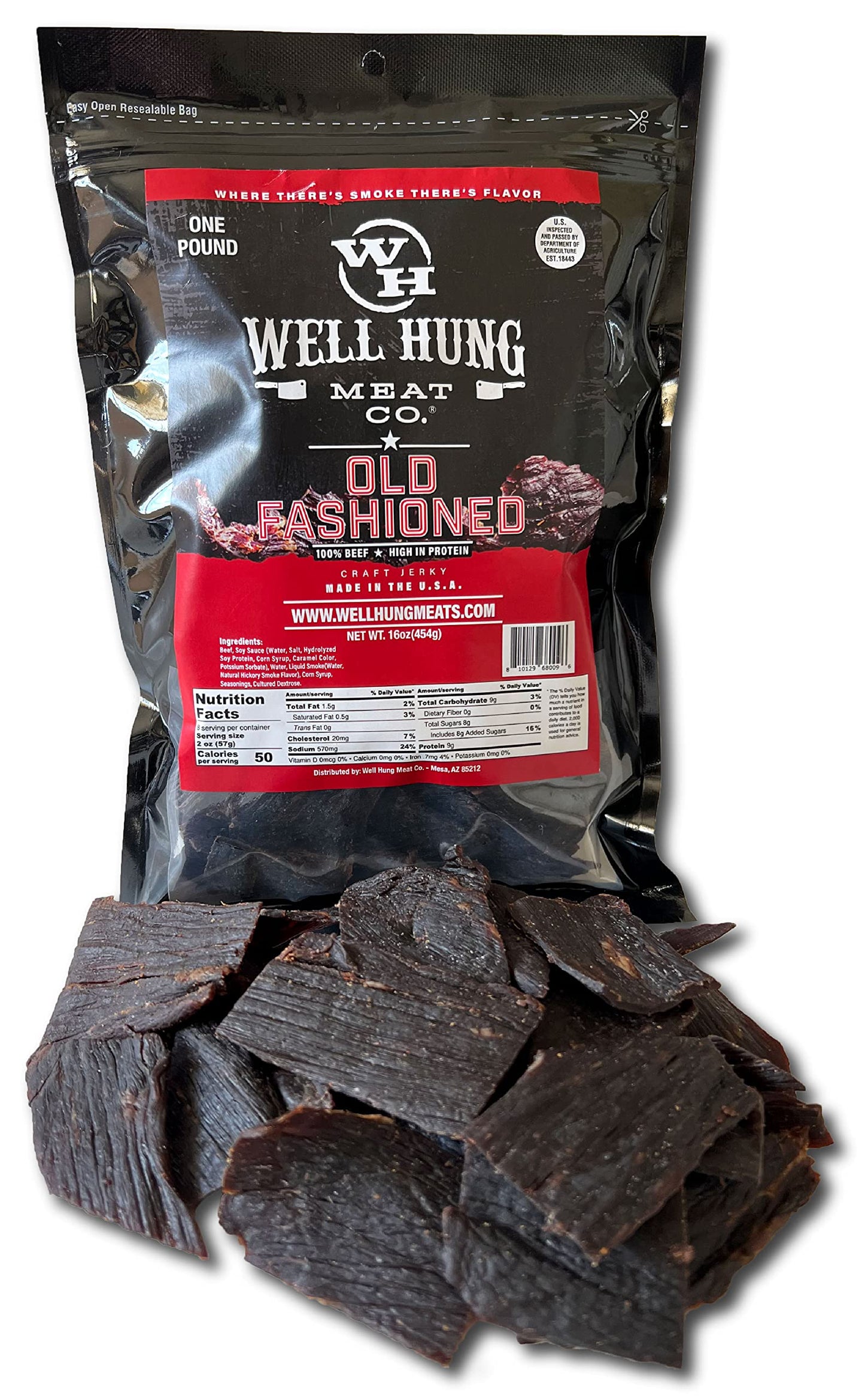 Well Hung Meats Old Fashioned Beef Jerky One Pound Resealable Craft Jerky Bag (16Oz)