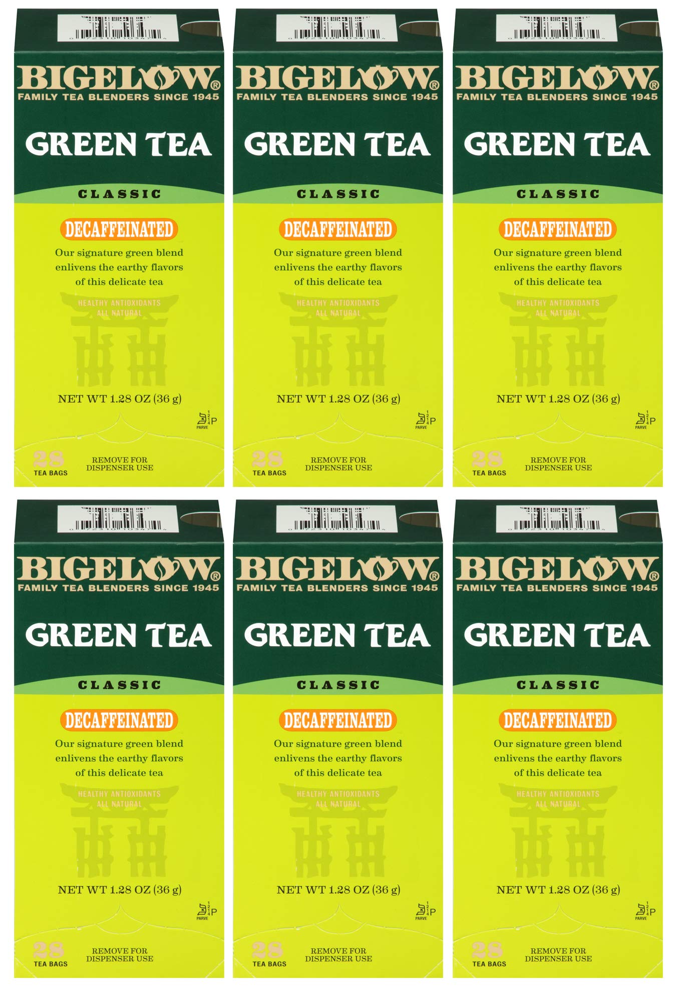 Bigelow Tea Decaffeinated Green Tea, 28-Count Boxes, Pack of 6, Caffeine-Free, Antioxidant-Rich, All Natural