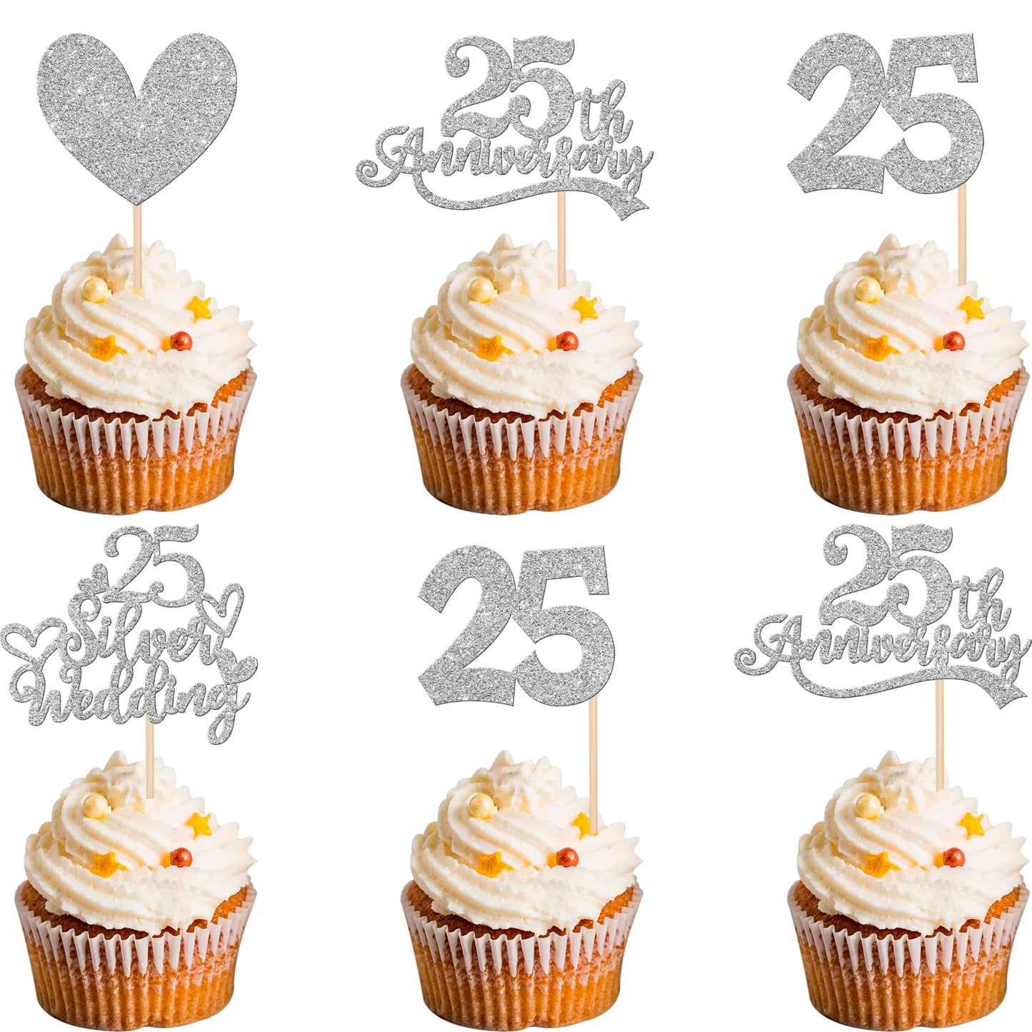 ZHUOWEISM 24 PCS Cupcake Toppers Glitter Heart 25th Anniversary Cake Decorations Design 1 Paper