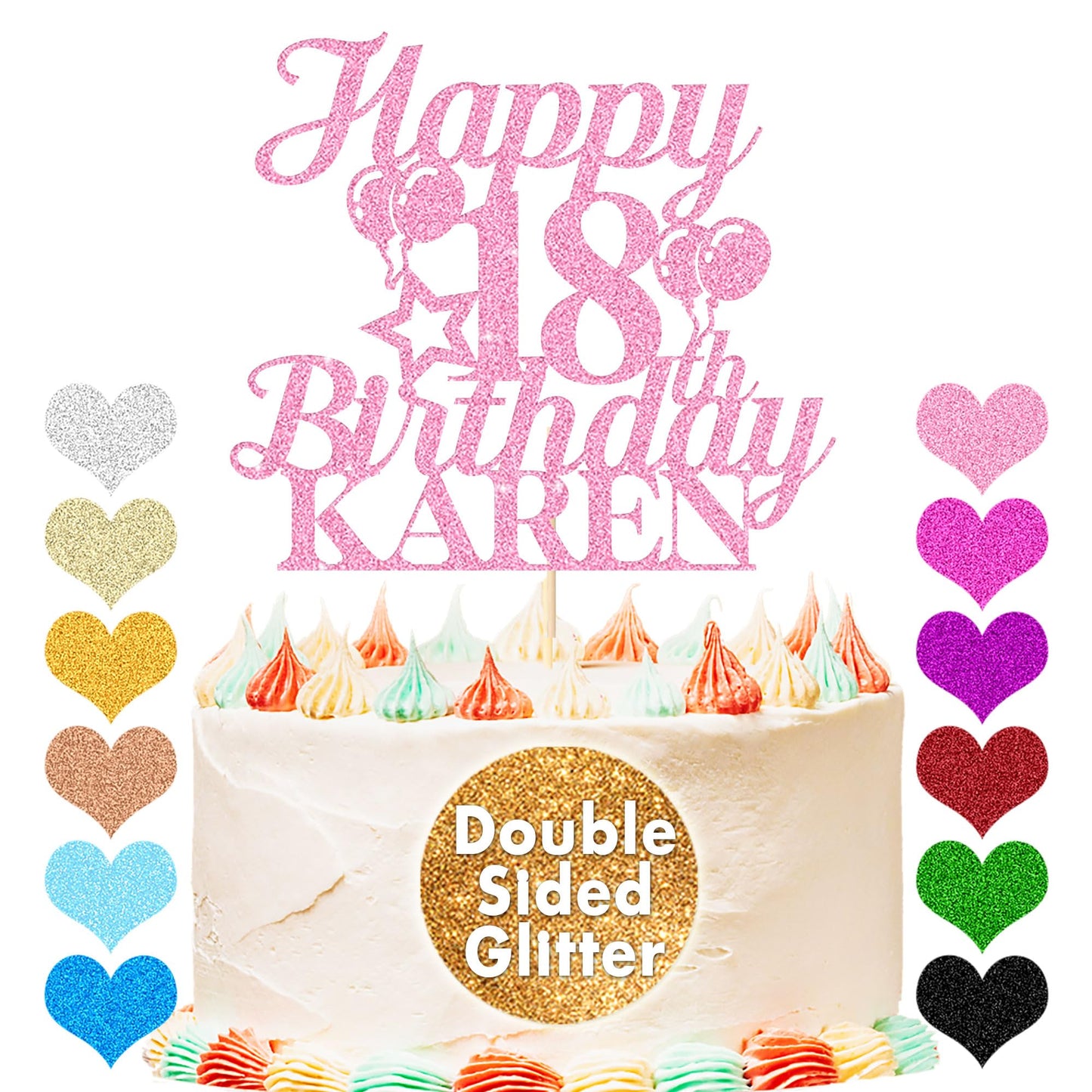 EDSG Happy Birthday Cake Topper Personalized Double-Sided Glitter Custom Gifts Any Age & Name Baby Pink