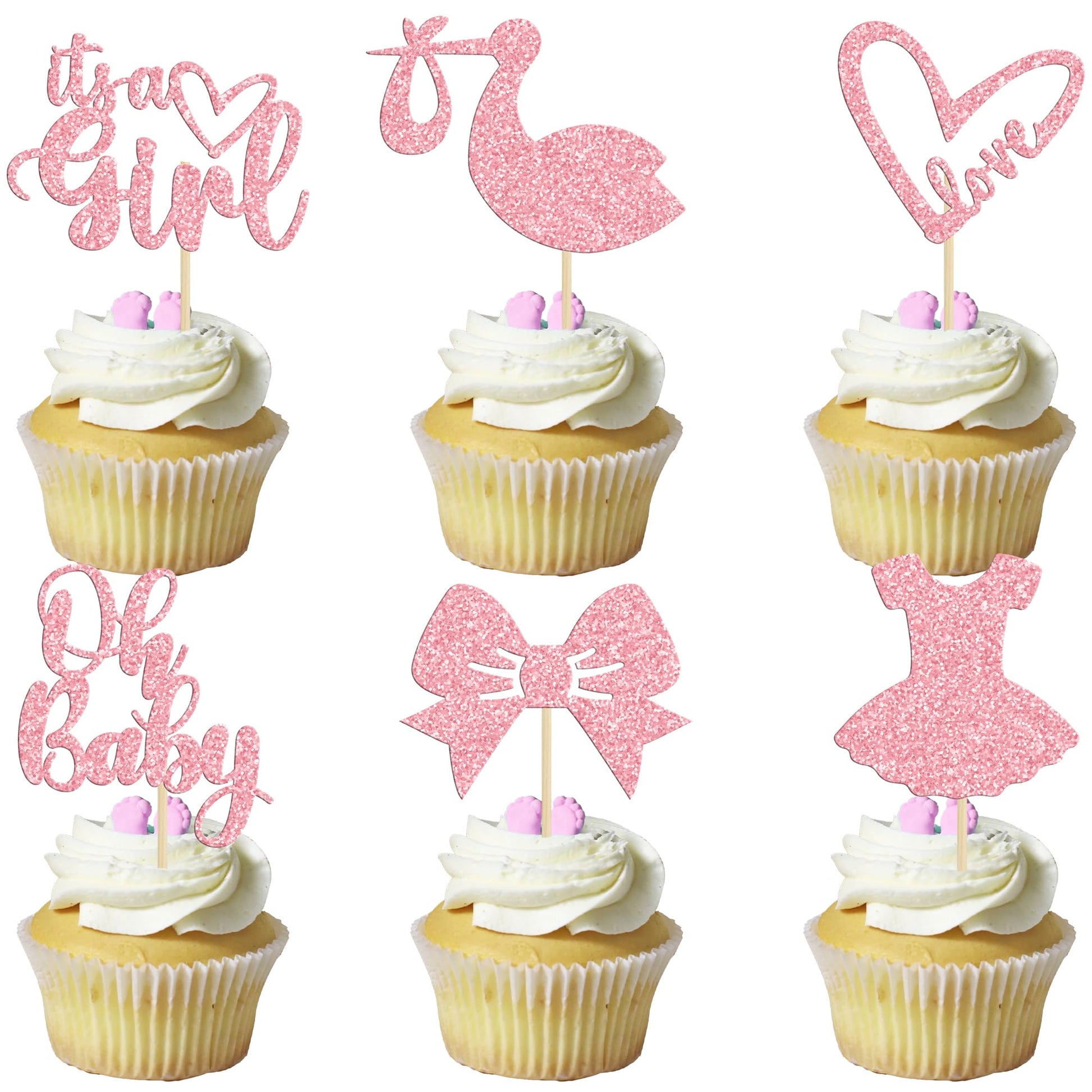 Gyufise 36 Pack Oh Baby Cupcake Toppers It'S A Girl Cupcake Toppers With Bow Dress Love Heart Pink Glitter Cake Picks Decoration