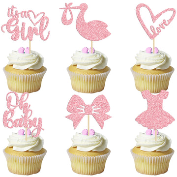 Gyufise 36 Pack Oh Baby Cupcake Toppers It'S A Girl Cupcake Toppers With Bow Dress Love Heart Pink Glitter Cake Picks Decoration
