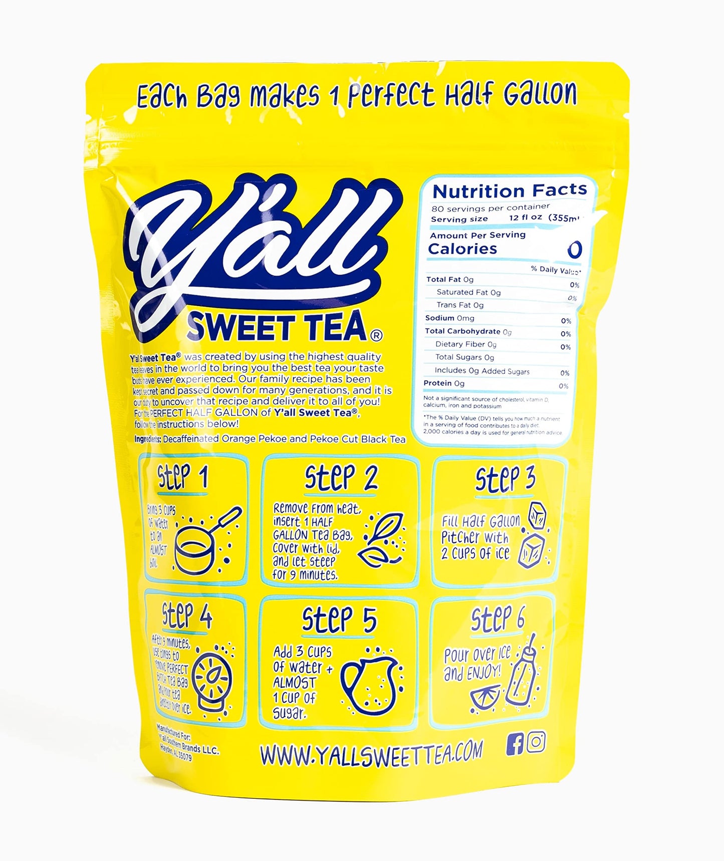 Yall Sweet Tea Decaf Iced Tea Bags, 1/2 Gallon Size, 15 Bags, Quick Brew, As Seen on Shark Tank