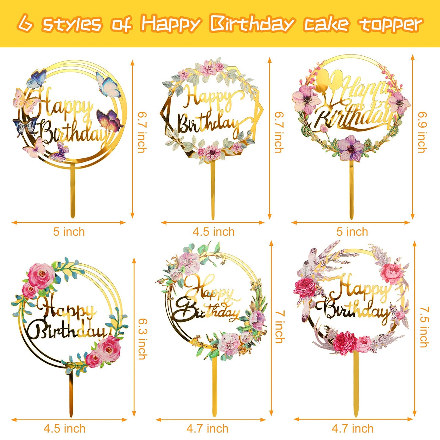 6 Pieces Happy Birthday Cake Toppers Gold Flower Acrylic Cake Toppers Acrylic Cupcake Topper For Various Birthday Party Annivers