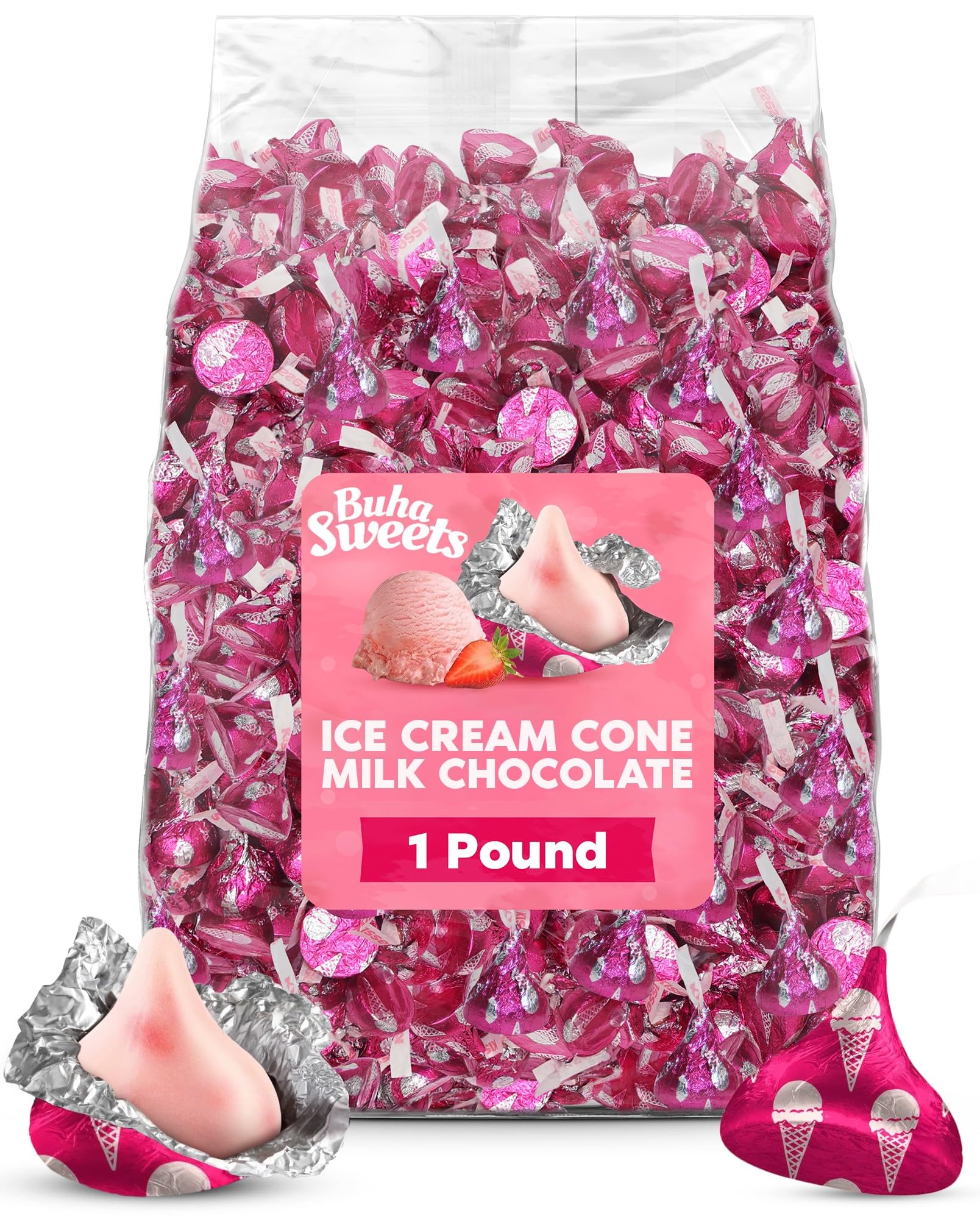 Buha Sweets Milk Chocolate Strawberry Ice Cream Cone Candy - 1 Pound Bag, Individually Wrapped, Red, 100 Pieces