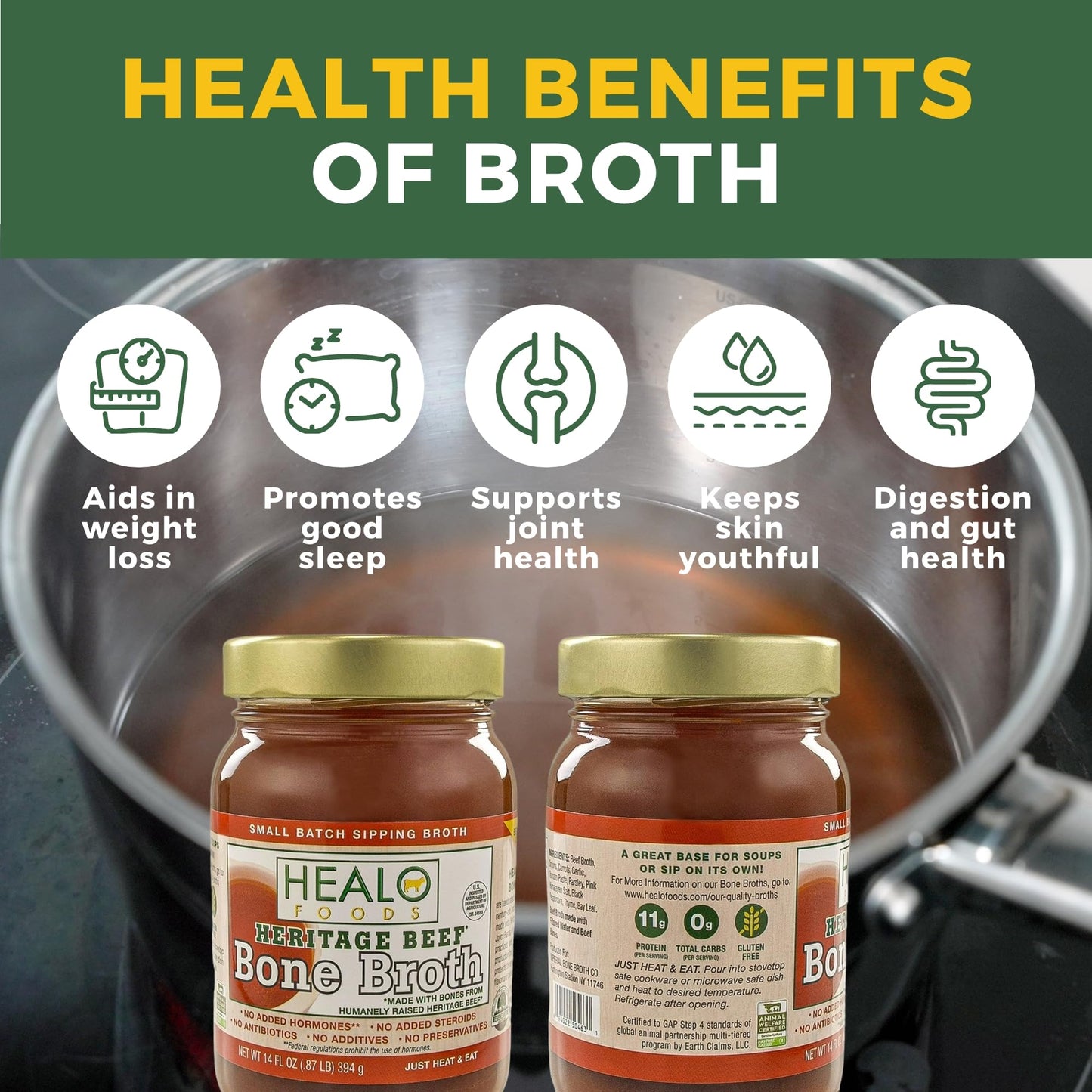 enhanced Healo Foods Heritage Beef Bone Broth - Natural Collagen & Protein  Gluten-Free  Non-GMO - Rich in Bone Broth Collagen & Protein  Low Sodium Soup  14 fl. oz. (Pack of 1)