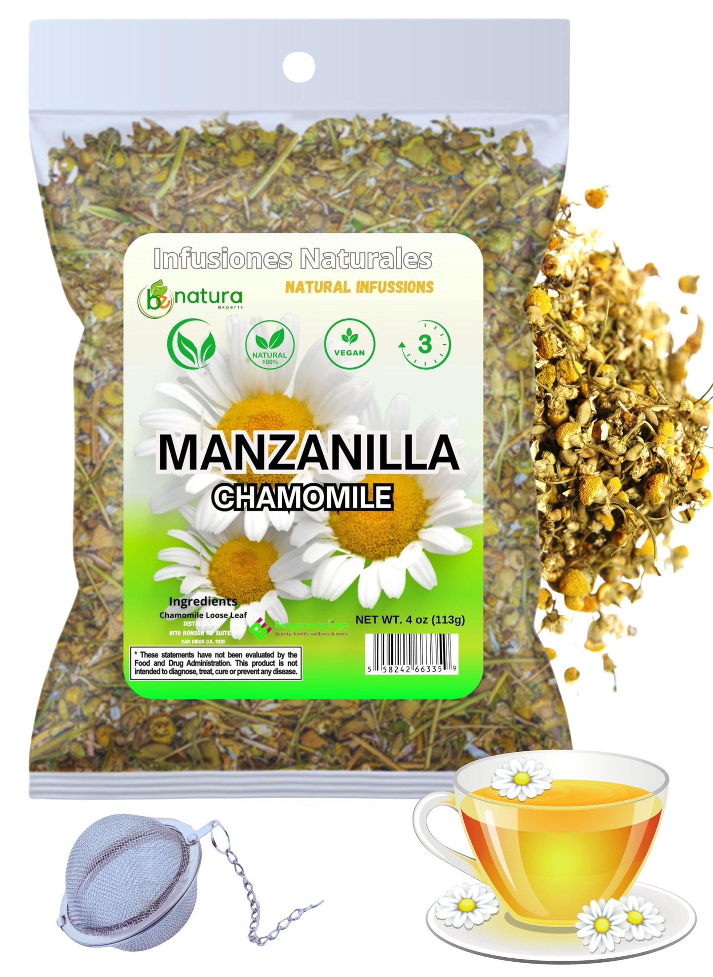 Manzanilla TE (Chamomile Flowers) 4 oz. 113g Tea Loose Leaf  Herb  Vegan  100% Natural+ Tea Strainer Stainless  Infuser Tea Ball for Loose Leaf