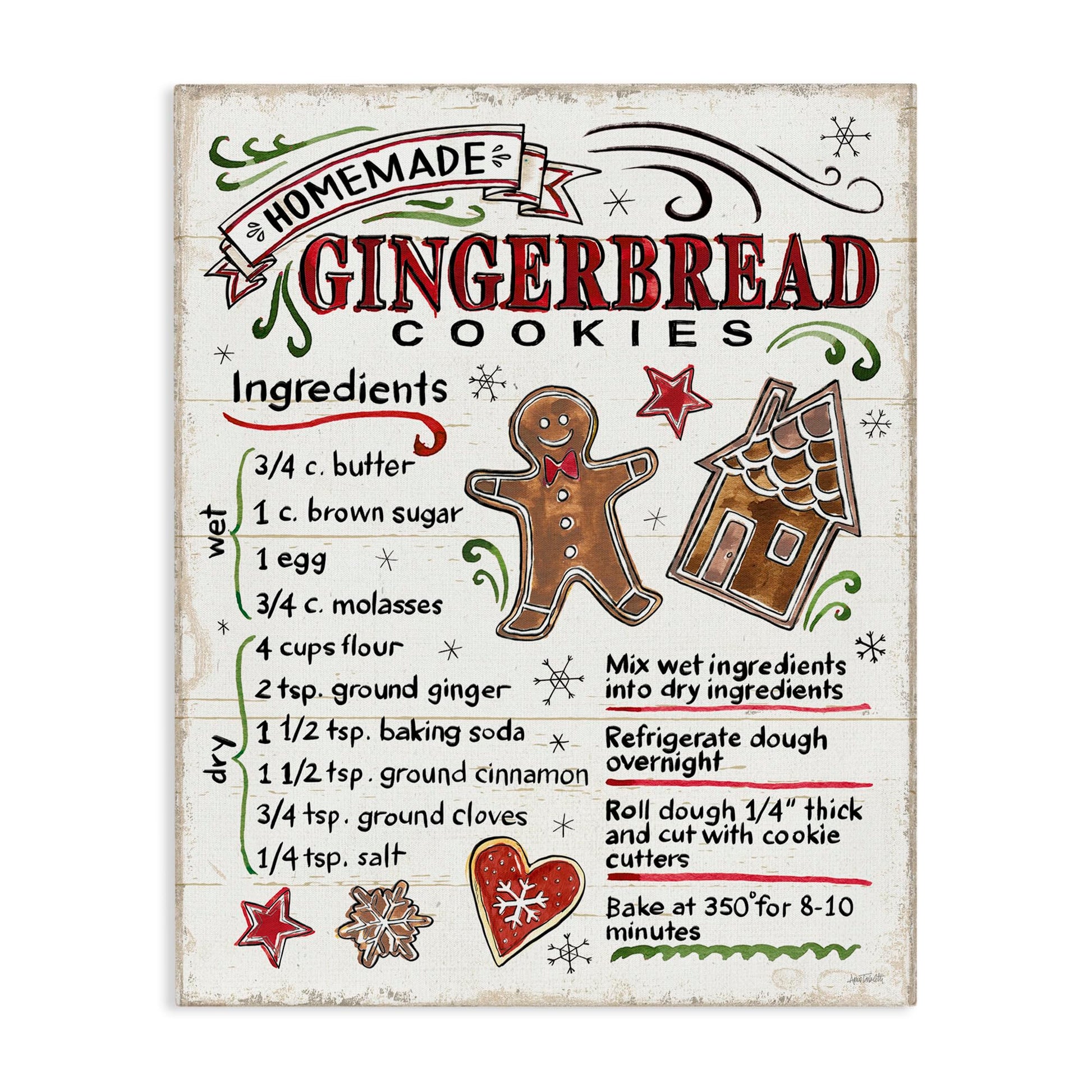 Stupell Industries Homemade Gingerbread Cookies Holiday Cooking Instructions, Designed by Anne Tavoletti Canvas Wall Art, 30 x 4