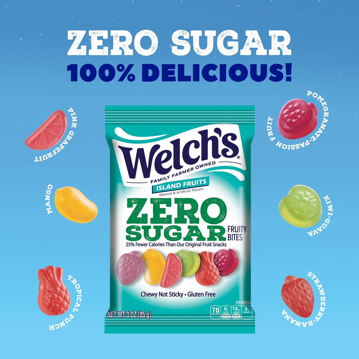 Welchs Zero Sugar Fruity Bites, Island Fruits Snack Box, Gluten Free & Sugar Free Snacks, 3oz Snack Packs (Pack of 6)