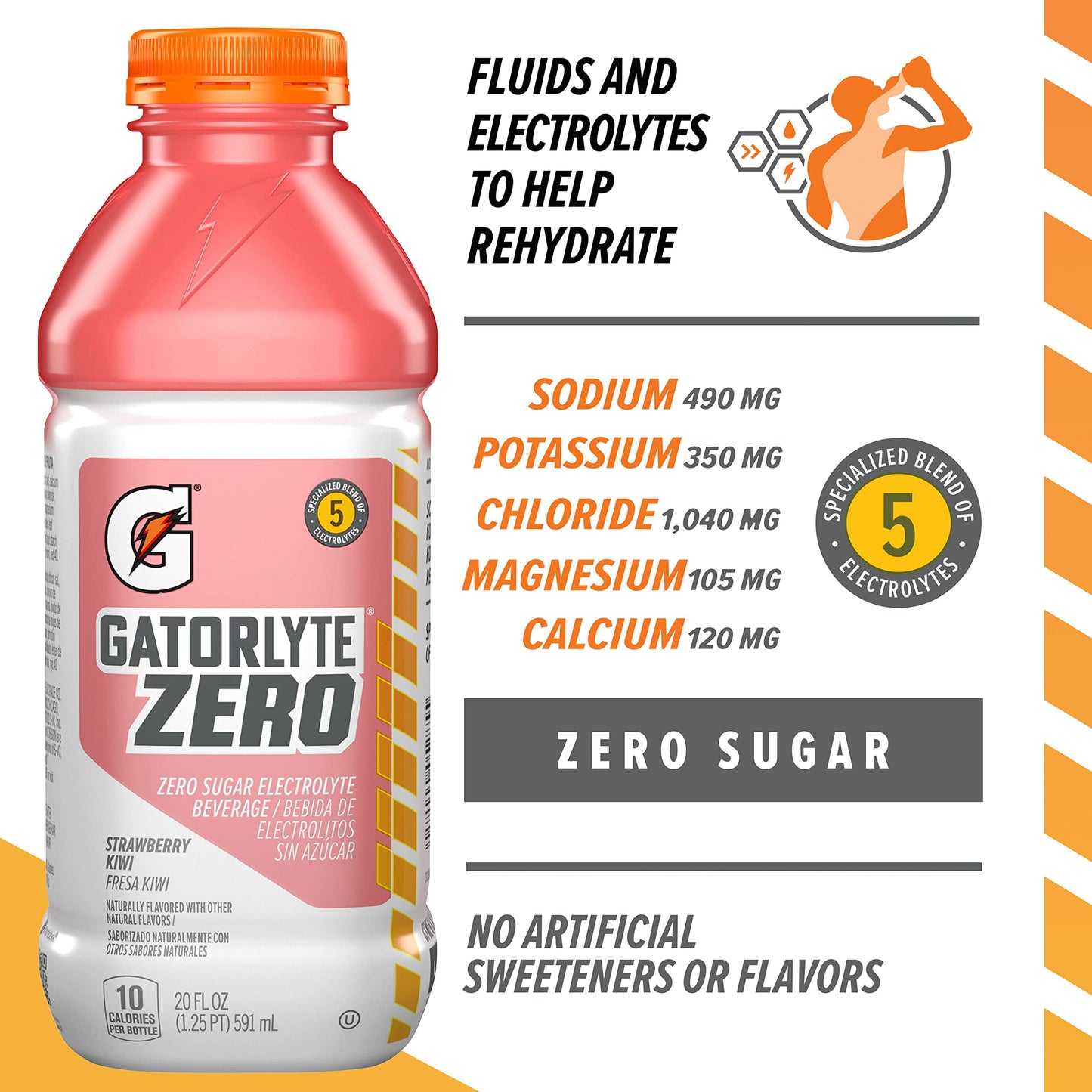 Gatorlyte Zero Electrolyte Beverage, Strawberry Kiwi, Zero Sugar Hydration, Specialized Blend of 5 Electrolytes, No Artificial S