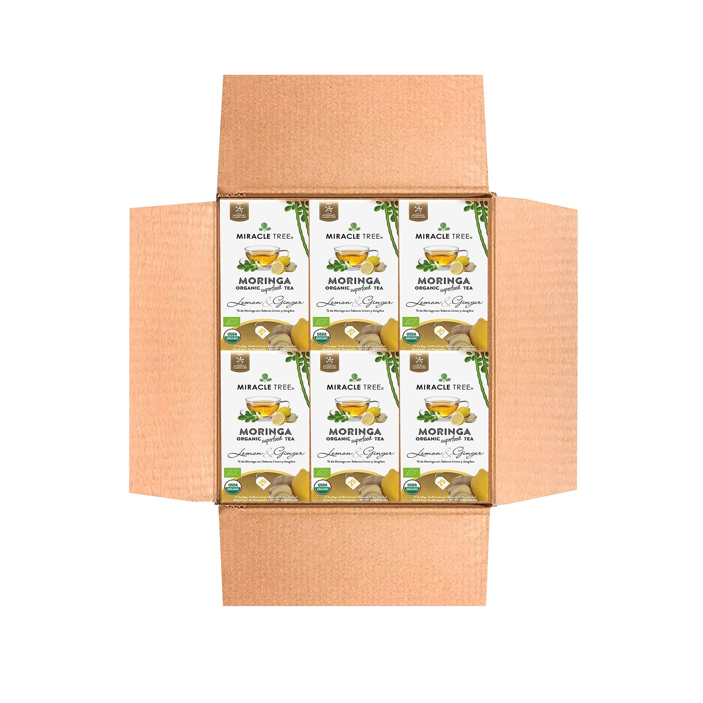 Miracle Tree Organic Moringa Superfood Tea - 25 Individually Sealed Tea Bags, Lemon & Ginger, 6 Count, Vegan, Gluten-Free, Caffeine-Free
