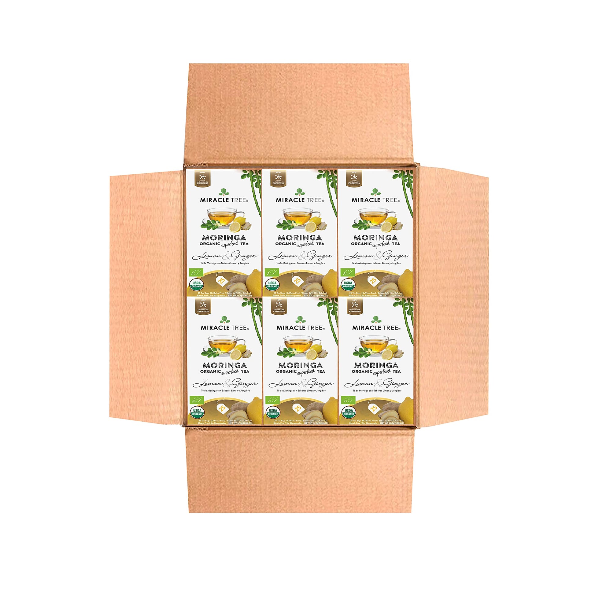 Miracle Tree Organic Moringa Superfood Tea - 25 Individually Sealed Tea Bags, Lemon & Ginger, 6 Count, Vegan, Gluten-Free, Caffeine-Free