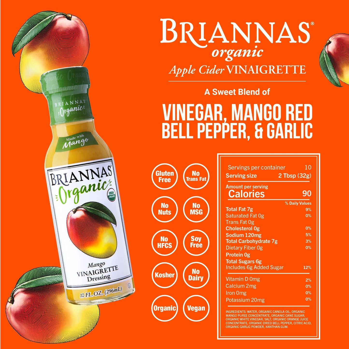 Briannas - Certified Organic & Kosher Dressing Variety Pack - Mango Vinaigrette, Real French Vinaigrette, & Rich Poppy Seed - Ma