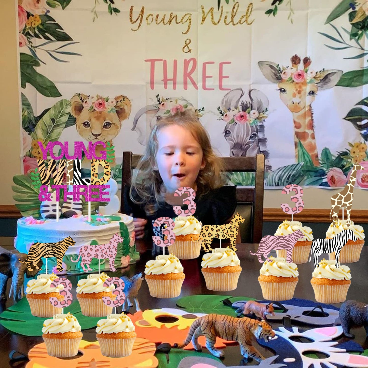 Young Wild And Three Birthday Decorations For Girl - 31Pcs Young Wild & Three Cake Topper, Animal Print Cupcake Toppers, Jungle