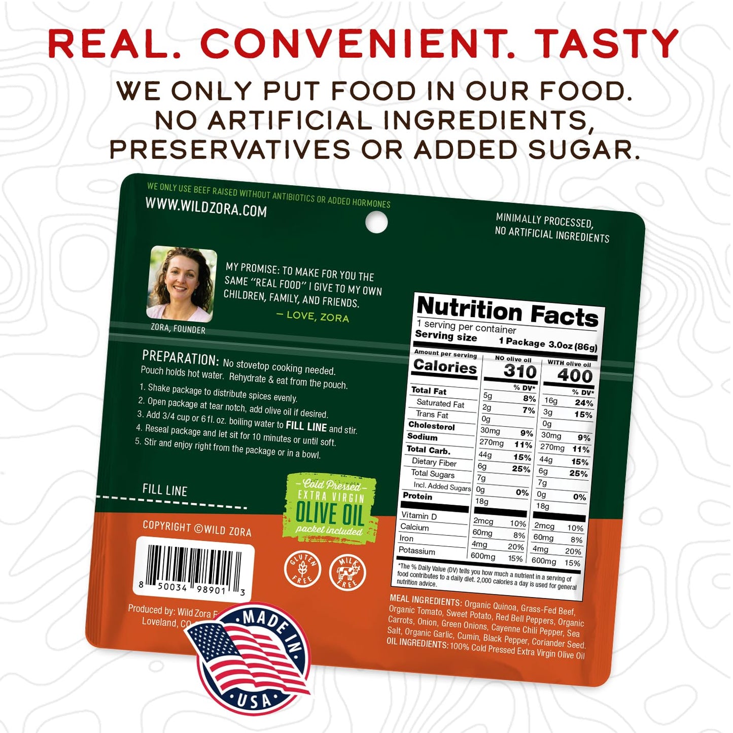 WILD ZORA Instant Organic Quinoa Meals - Fiesta Beef 3-Pack, Gluten-Free Meal with Lentils & Olive Oil Packet