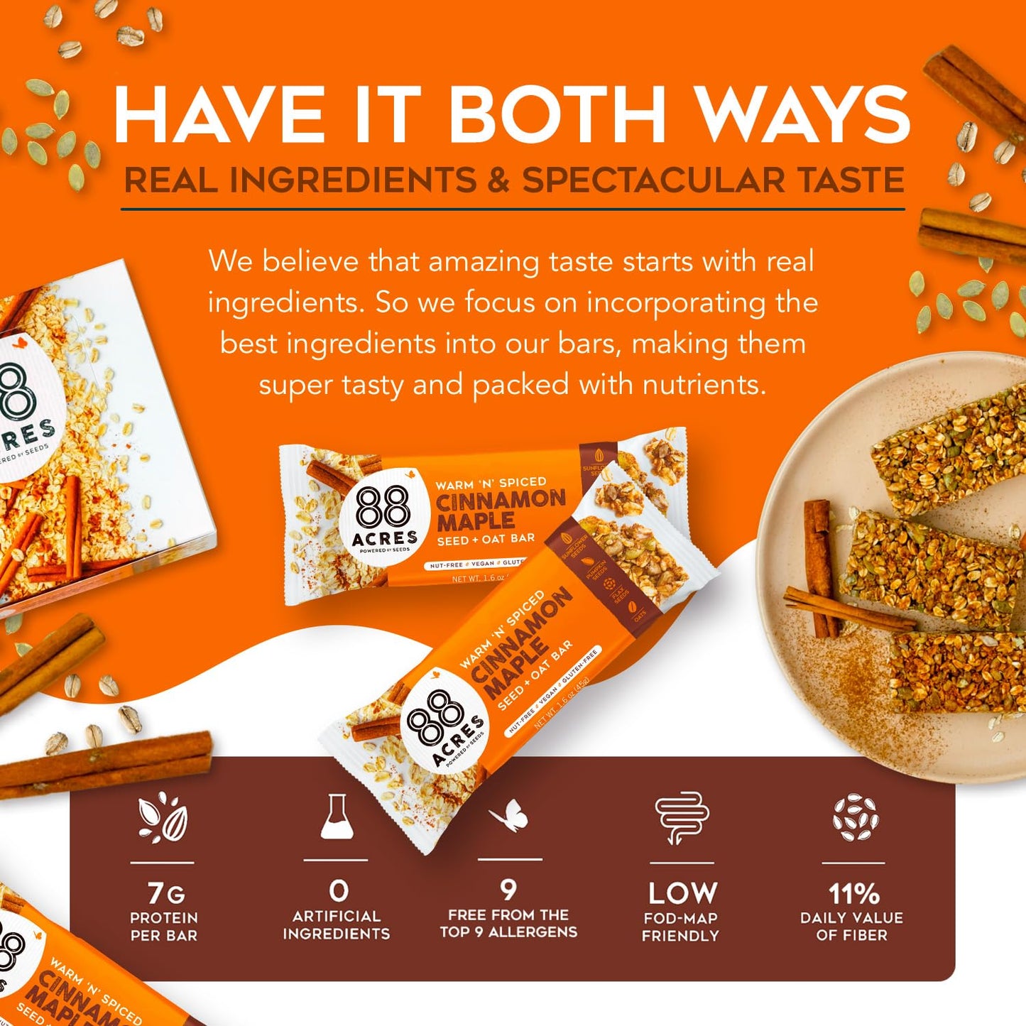 88 Acres Granola Bars | Gluten Free, Nut-Free Oat and Seed Snack Bar | Vegan & Non GMO | 6 Pack (Cinnamon Maple)