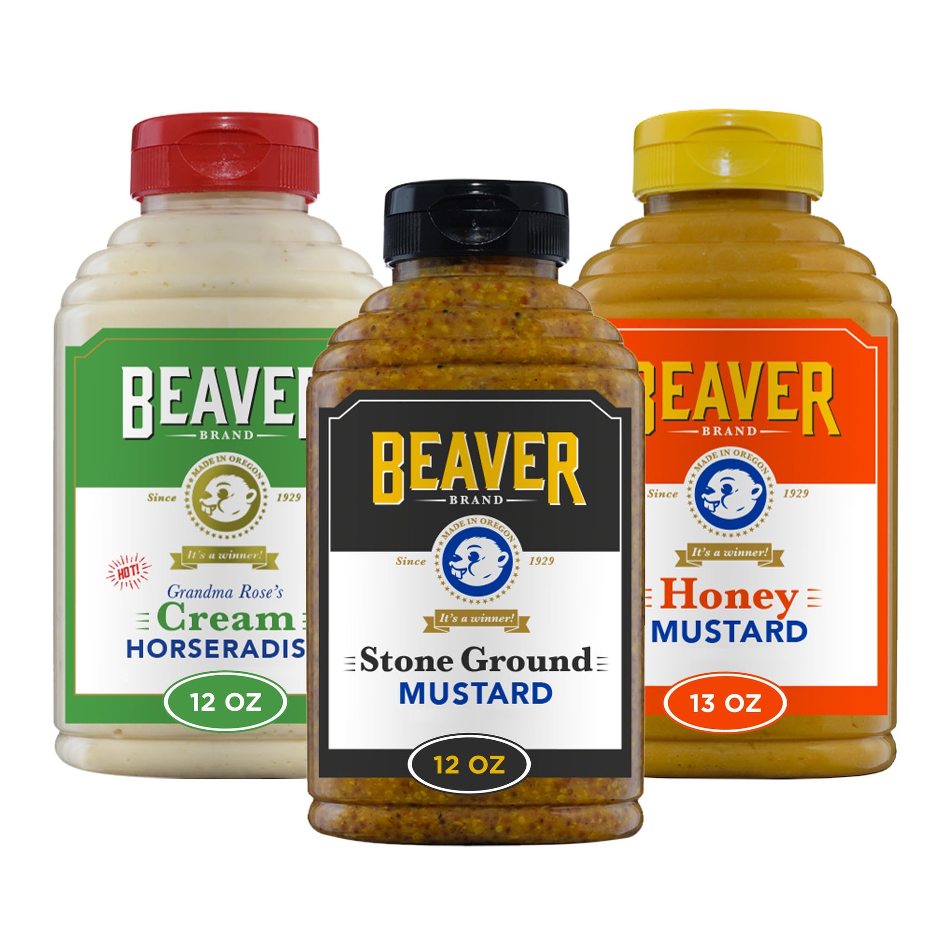 BEAVER Condiment Variety Pack - Hot Cream Horseradish, Stone Ground Mustard, Honey Mustard - Pack of 3