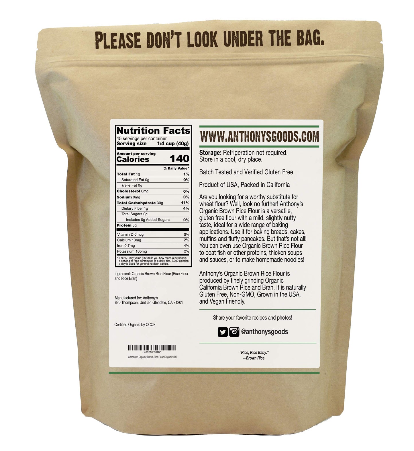 Anthony'S Organic Brown Rice Flour, 4 Pound, Gluten Free, Product Of Usa, Finely Ground