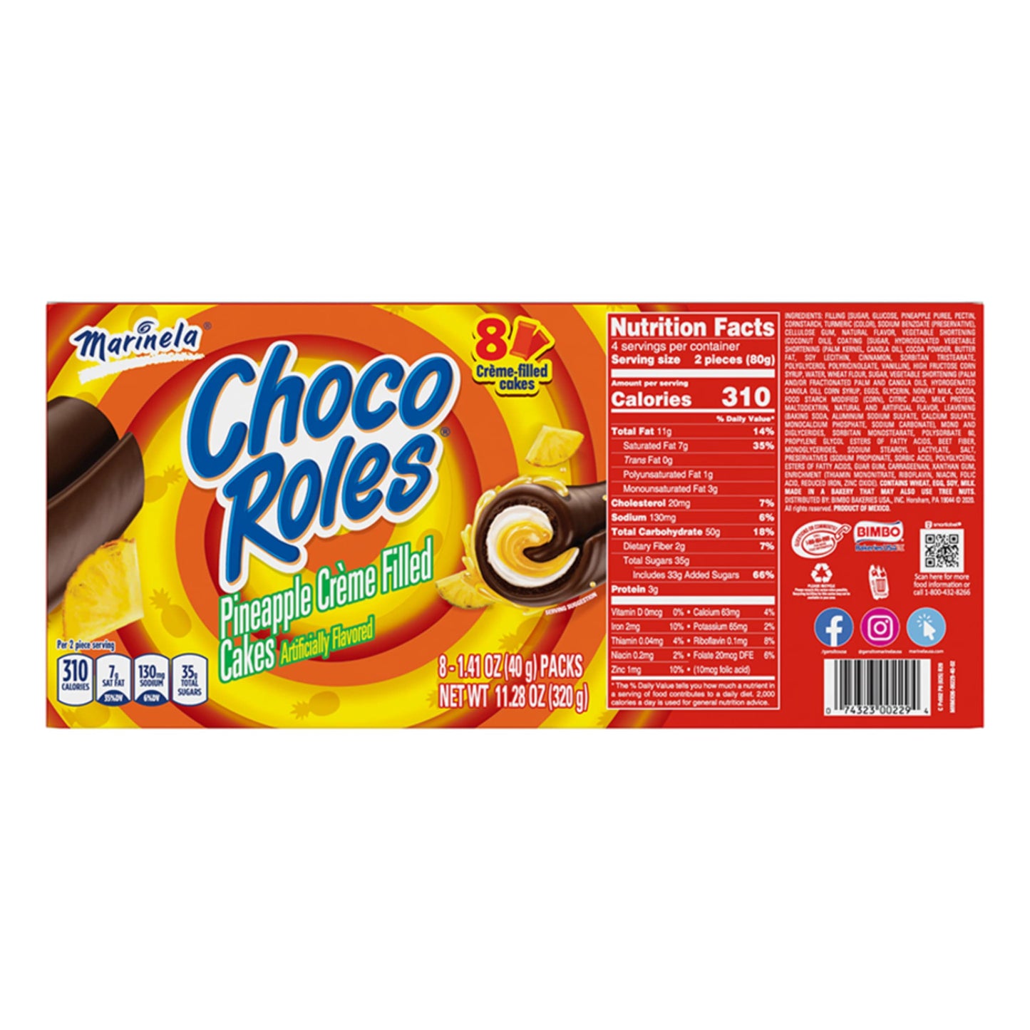 Marinela Choco Roles Pineapple and Crme Filled Snack Cakes with Chocolate Coating | Artificially Flavored | 1 pack (8 count)