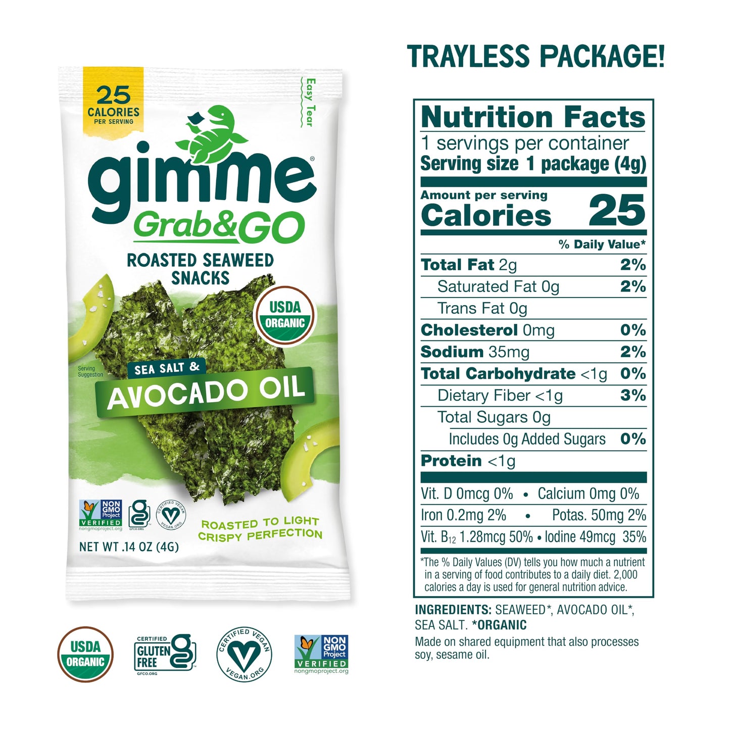 gimMe Sea  Snacks - Organic Roasted - Sea Salt & Avocado Oil - 5 Count - Keto Vegan Gluten Free - Great Source of Iodine & Omega 3’s