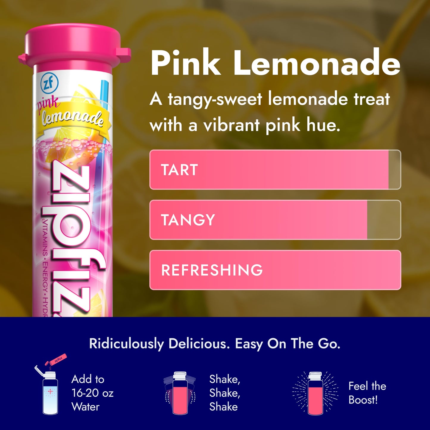 Zipfizz Daily Energy Drink Powder, Sugar-Free Electrolyte, 20 Pack, Pink Lemonade, Model 20PINK, 0.39 Ounce Each