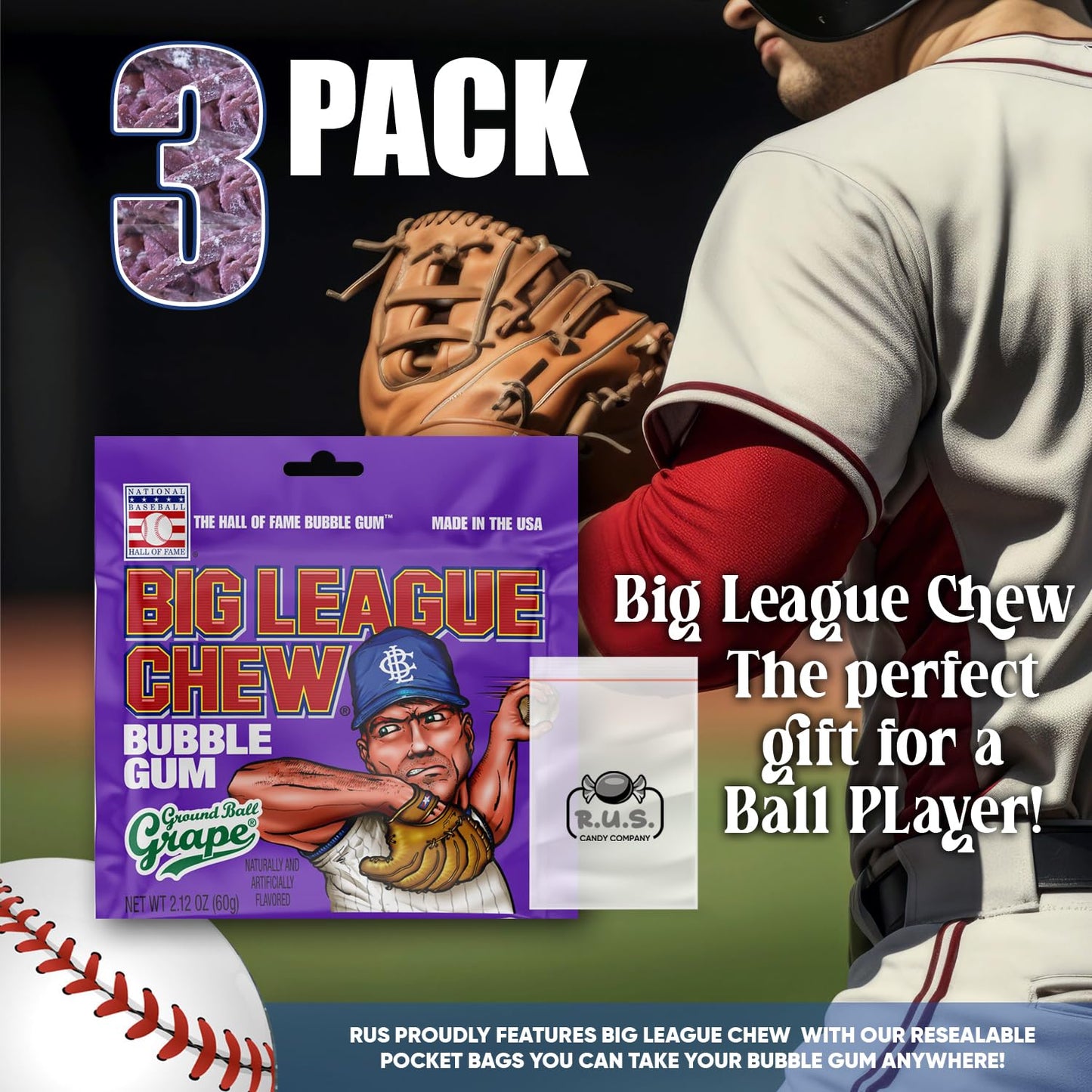 Big League Chew- Ground Ball Grape Flavored Shredded Bubble Gum- 3 Pack- 2.12Oz Each Plus Rus Candy Company Pocket Bag Bundle (G