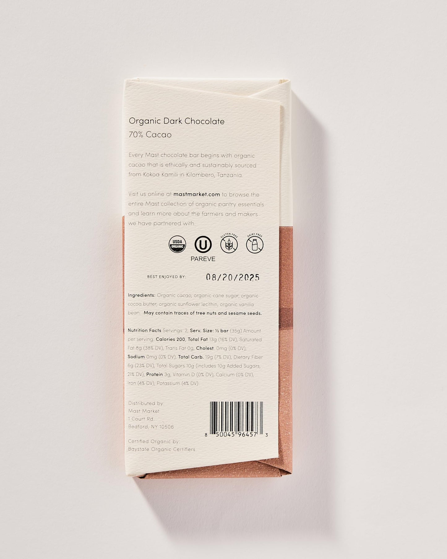 Mast Chocolate Bars | 6 Pack | Organic, Kosher | Classic 2.5Oz Each (6 Bars, Organic Dark Chocolate 70% Cacao)