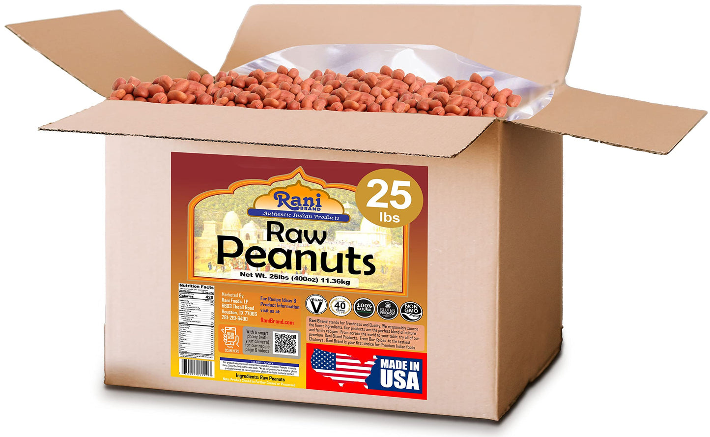 Rani Peanuts, Raw Whole With Skin (Uncooked, Unsalted) 25Lbs (400Oz) 11.36Kg Bulk Box ~ All Natural | Vegan | Gluten Friendly | Fresh Product Of Usa ~ Spanish Grade Groundnut/Red-Skin