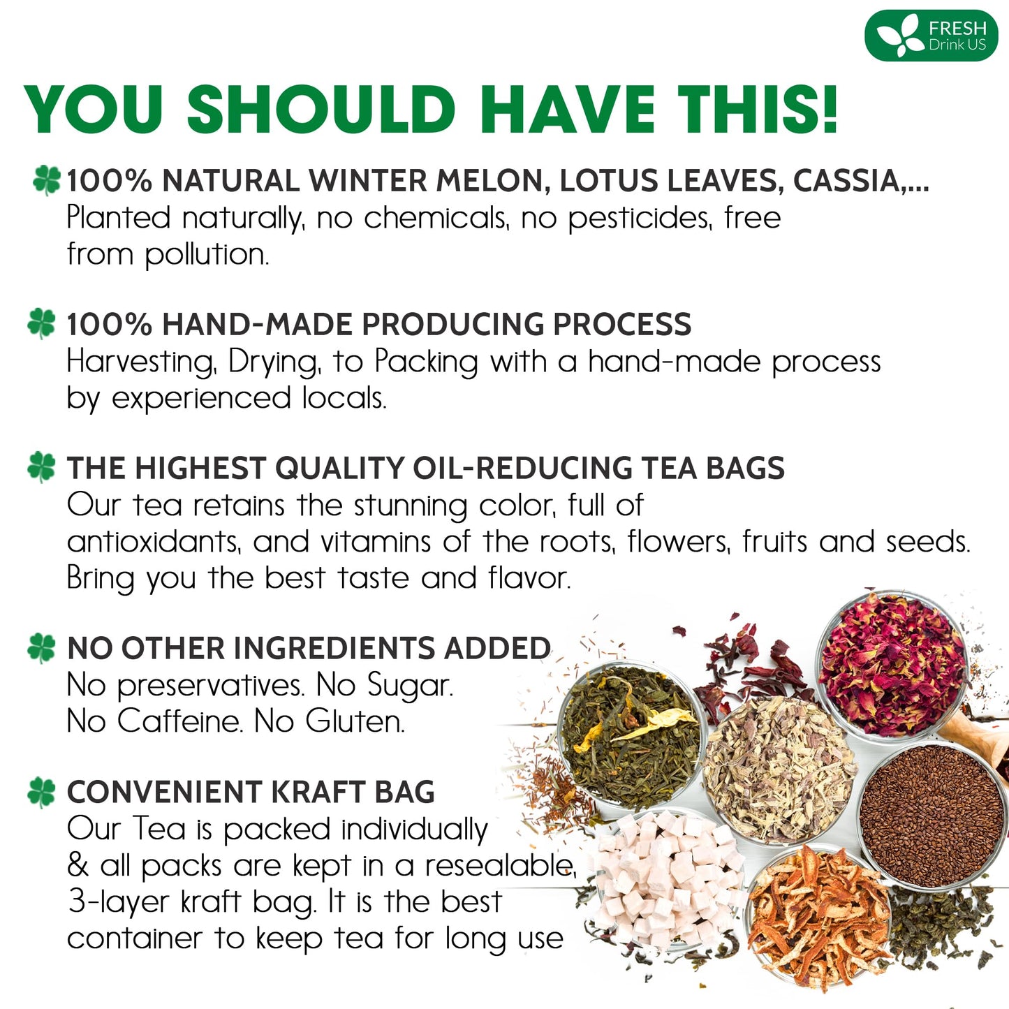 FRESHDRINKUS Oil Reducing Tea - 30 Packs, 10 Herbal Ingredients, 100% Natural, Easy Brewing