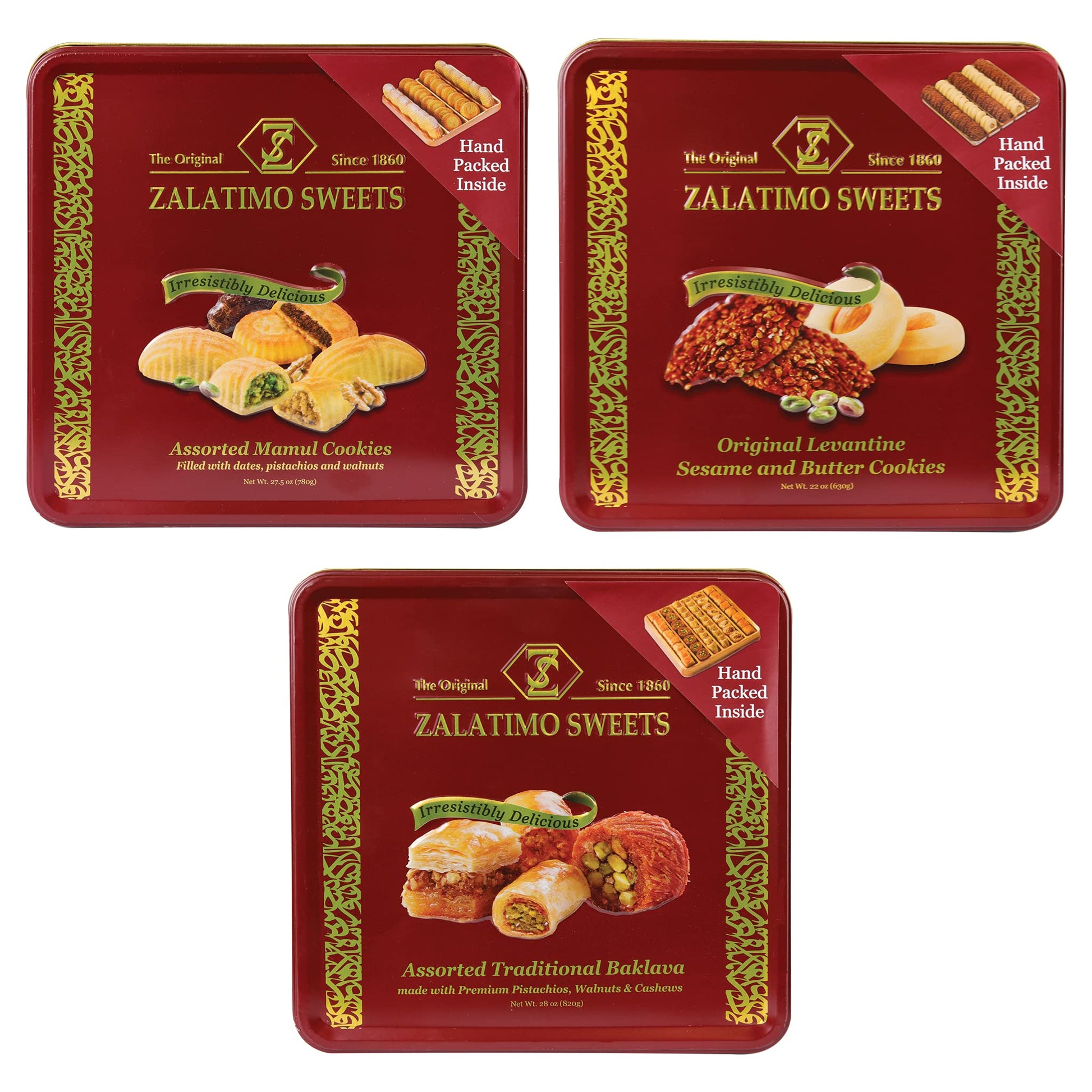 Zalatimo Sweets Since 1860 Shortbread Cookies Variety Pack, 100% All Natural Slightly Sweet, Square Metal Gift Tin, No Corn Starch, No Syrups! Assorted Baklava, Mamoul, Sesame & Butter (Pack Of 3)