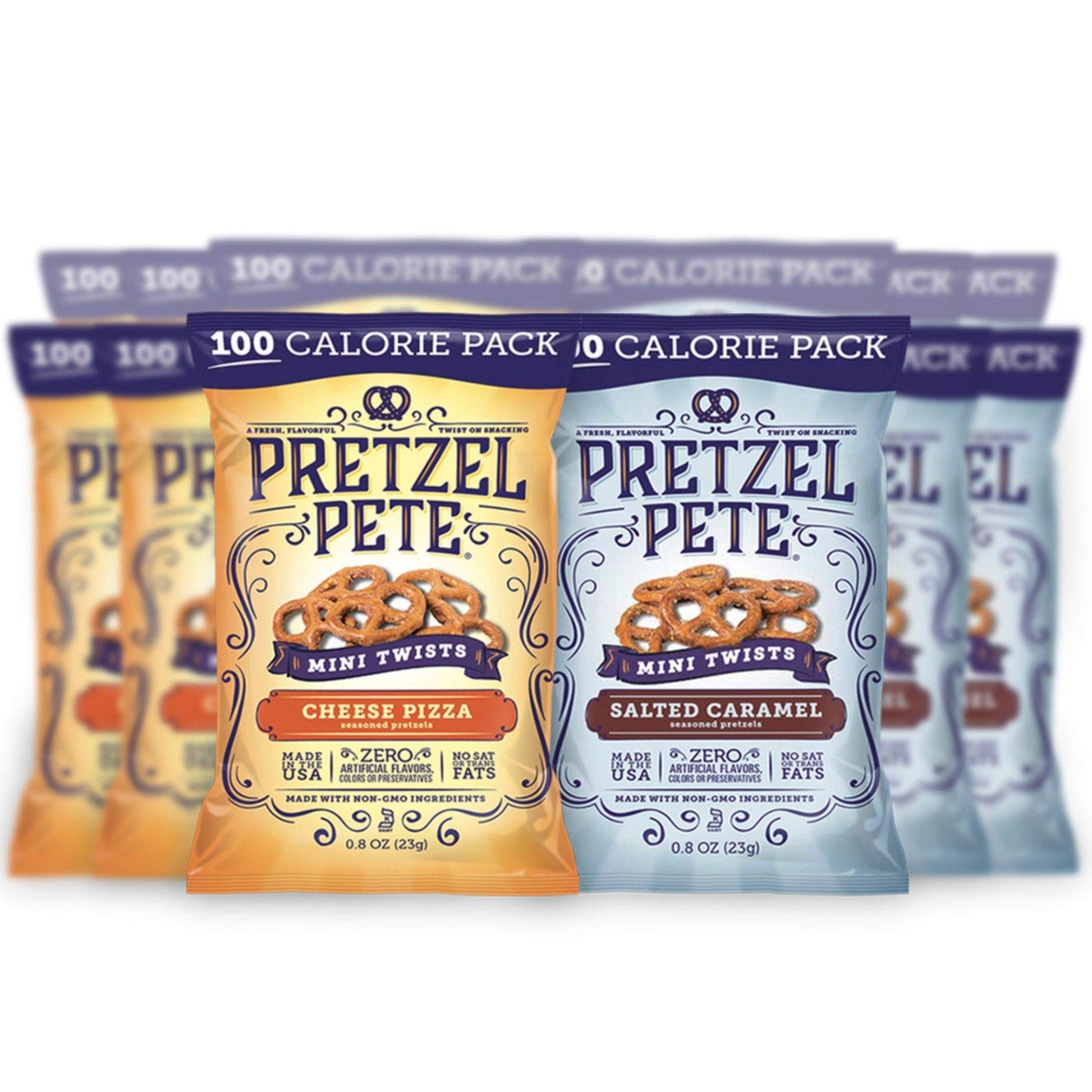 Pretzel Pete Salted Caramel & Cheese Pizza Seasoned Mini Twist Pretzels, 100 Calories, Sampler Pack, Non-GMO, Small Batch, Bold 