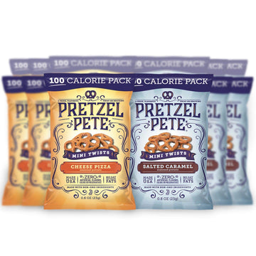 Pretzel Pete Salted Caramel & Cheese Pizza Seasoned Mini Twist Pretzels, 100 Calories, Sampler Pack, Non-GMO, Small Batch, Bold 