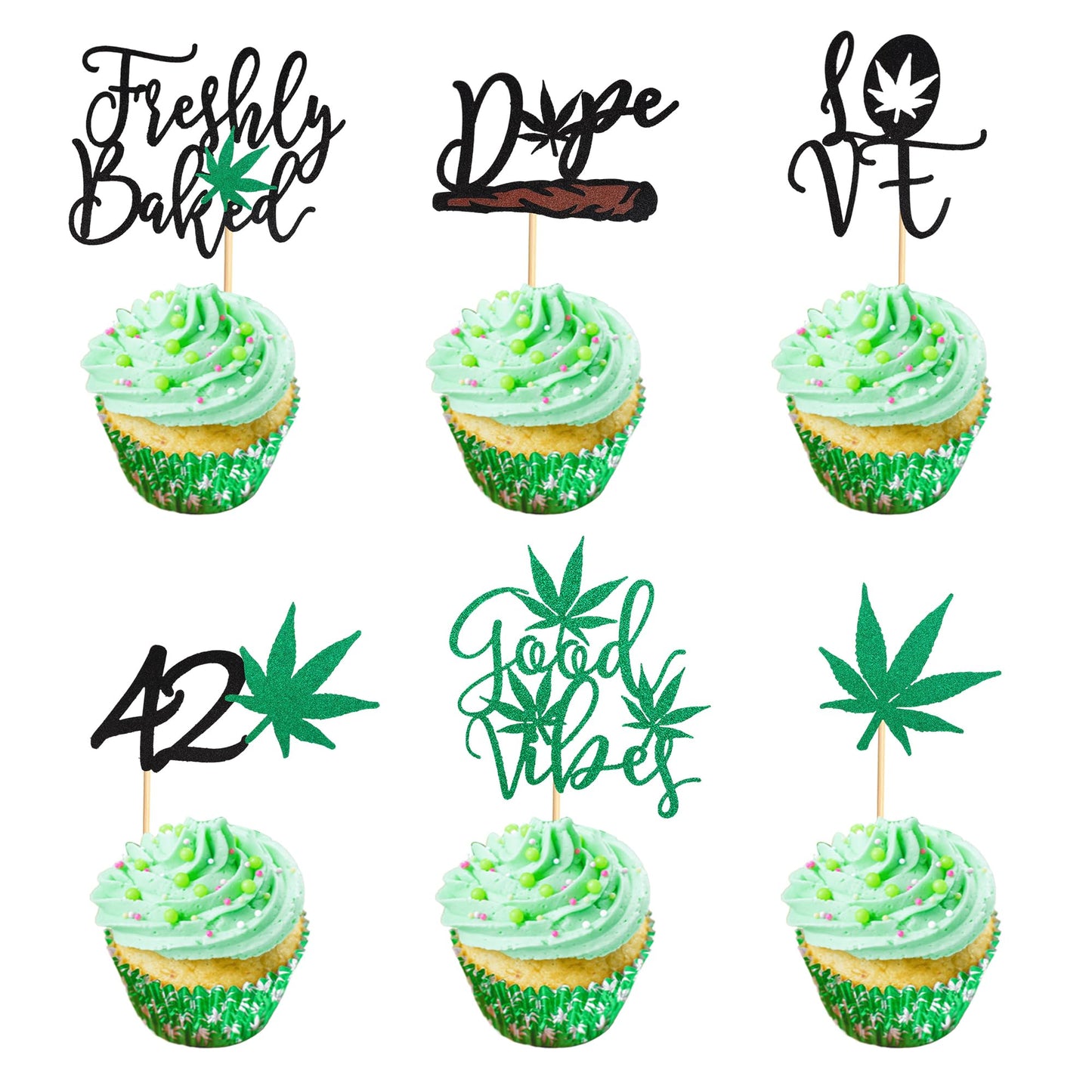 Arthsdite Cupcake Toppers, 24 Pcs, Glitter Green Leaves, Small, Plastic