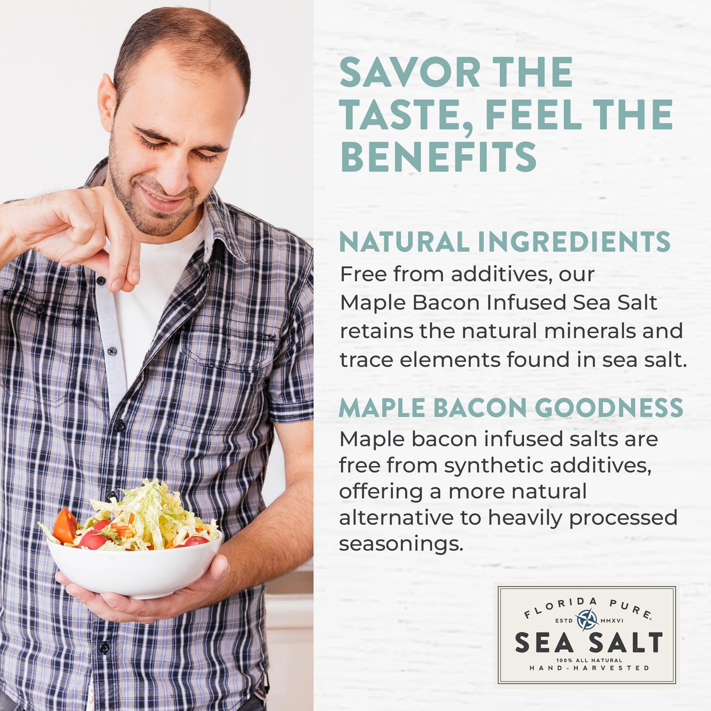 Florida Pure Maple Bacon Sea Salt - Smoky Flaky Sea Salt, 4.5 oz Jar, Natural, Unrefined, Non-Iodized for Cooking and Seasoning