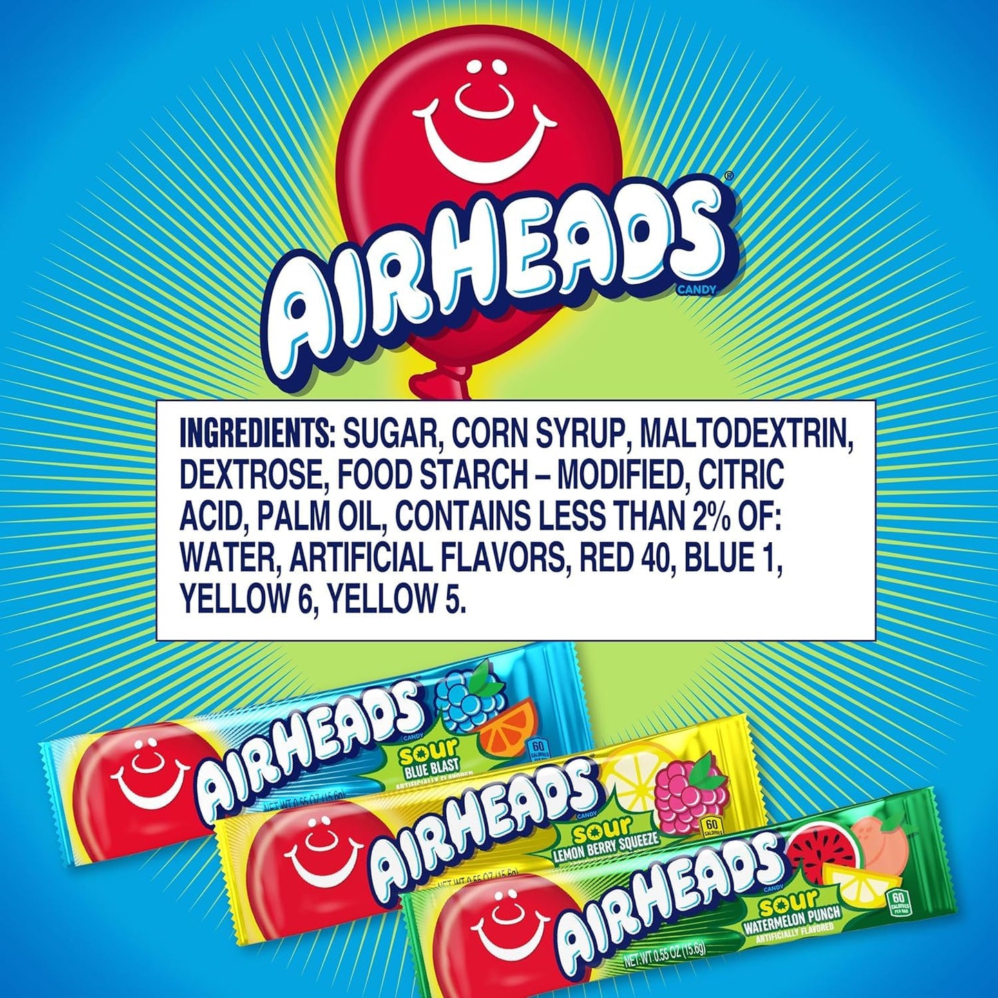 Airheads Mini SOUR Bars, Sour Watermelon Punch, Blue Blast, Lemon Berry Squeeze, 5lb Bulk Bag