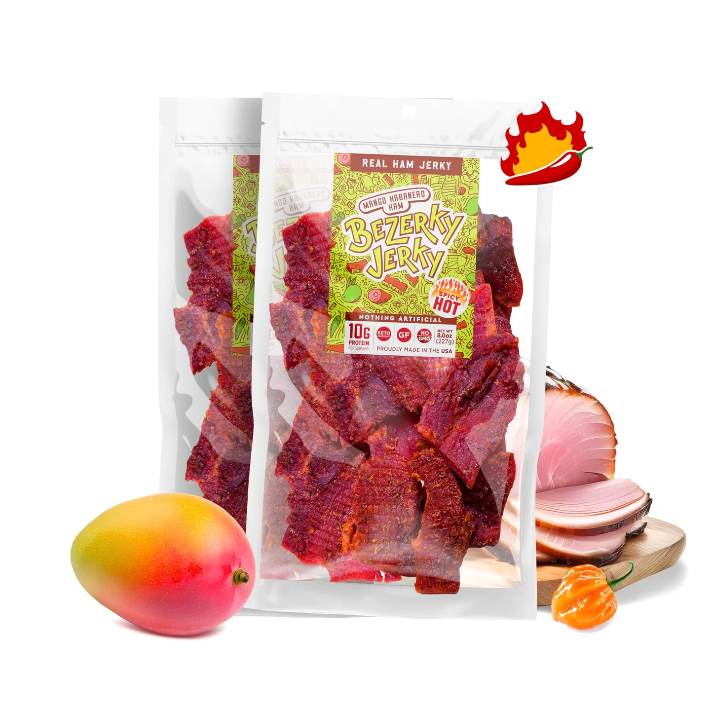 Bezerky Jerky Premium Ham Jerky, Spicy Mango Habanero, 16 Oz, All Natural, Gluten-Free, High Protein, Low Fat