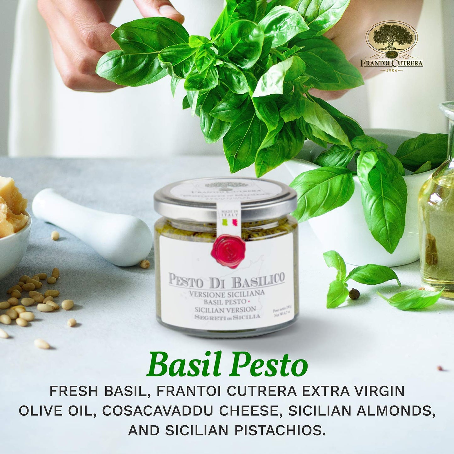Frantoi Cutrera Classic Basil Pesto Sauce For Pasta And Bruschetta Topping, Creamy Italian Spread With Basil, Pistachio, Almonds, And Evoo, Product Of Sicily, Italy Glass Jar, 6.7 Oz (190G)