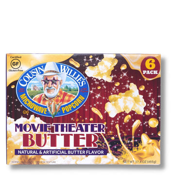 Cousin Willie s Microwave Popcorn Bags, Movie Theater Butter (8 Boxes, 48 Bags) Gourmet Popcorn Boxes for Party, Whole Grain Po