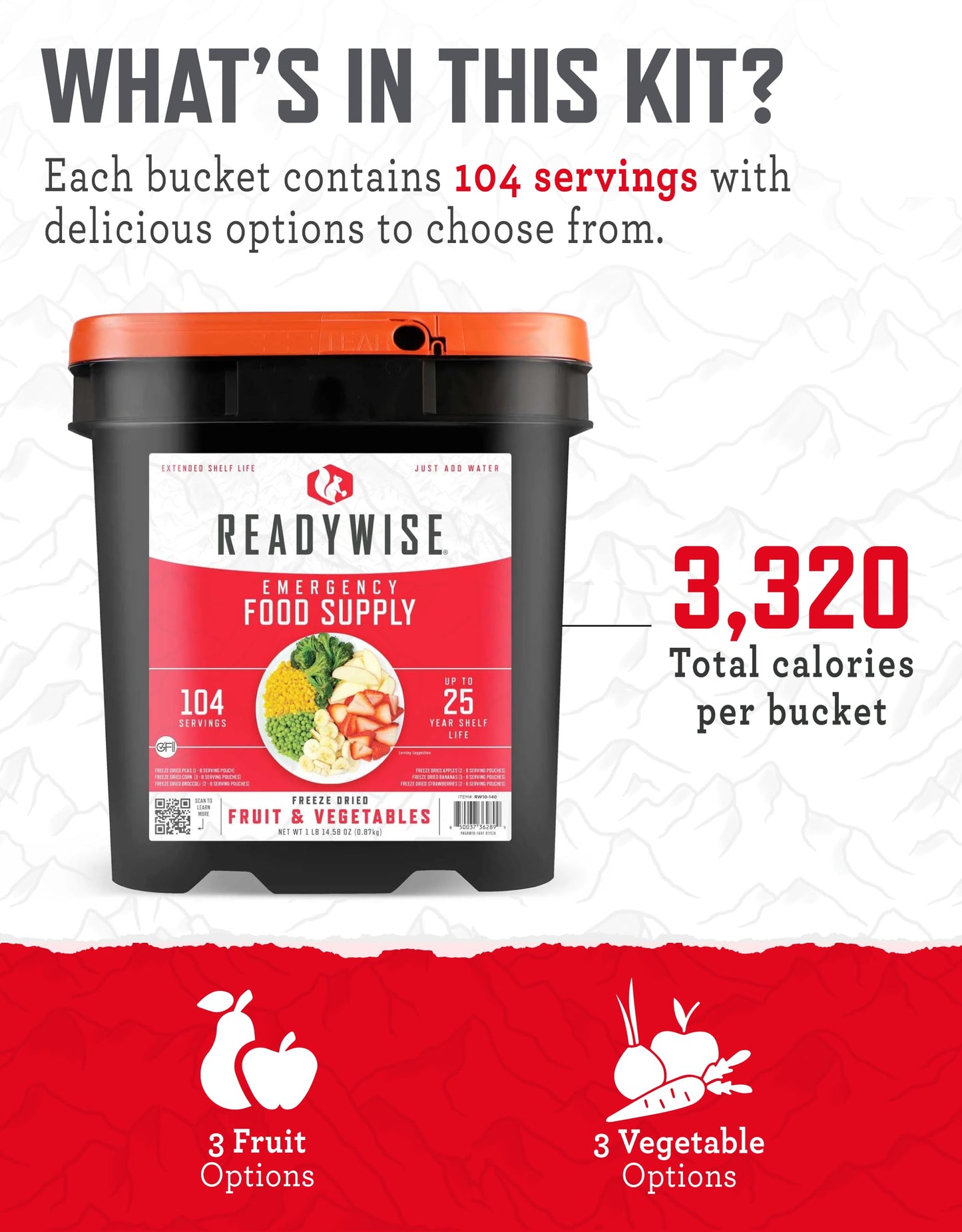 Readywise Emergency Food Supply - 104 Servings Freeze Dried Fruit And Vegetables Bucket, Protein Meals, Camping Essentials For Survival Food, Disaster Prepping Supplies, Up To 25 Year Shelf Life