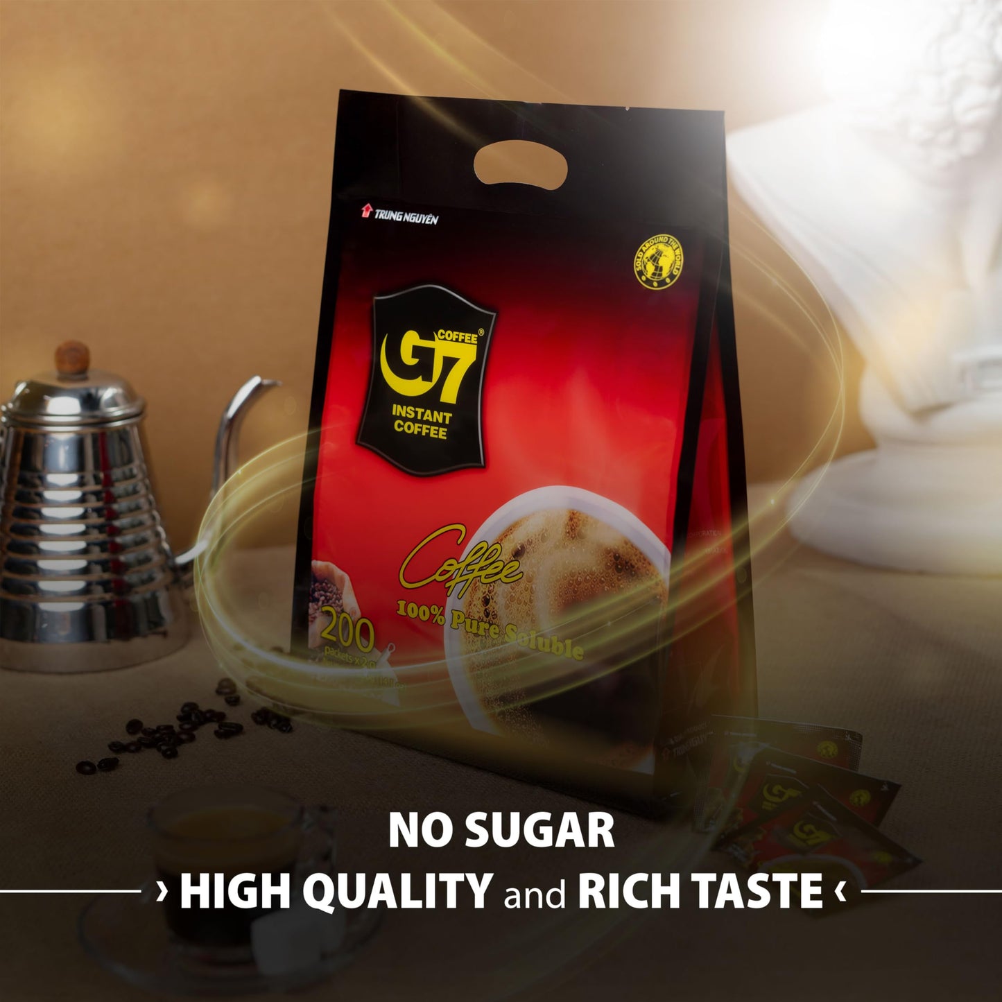 Trung Nguyen G7 Pure Black Instant Coffee For Energy Boost - 100% Soluble Coffee Without Sugar - Strong, Pure & Rich Vietnamese