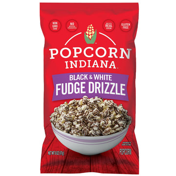 Popcorn Indiana Black & White Fudge Drizzle Chocolate Popcorn (6 oz Bags - 6 Pack) Pre-Popped Popcorn Made with Real Cocoa, Glut