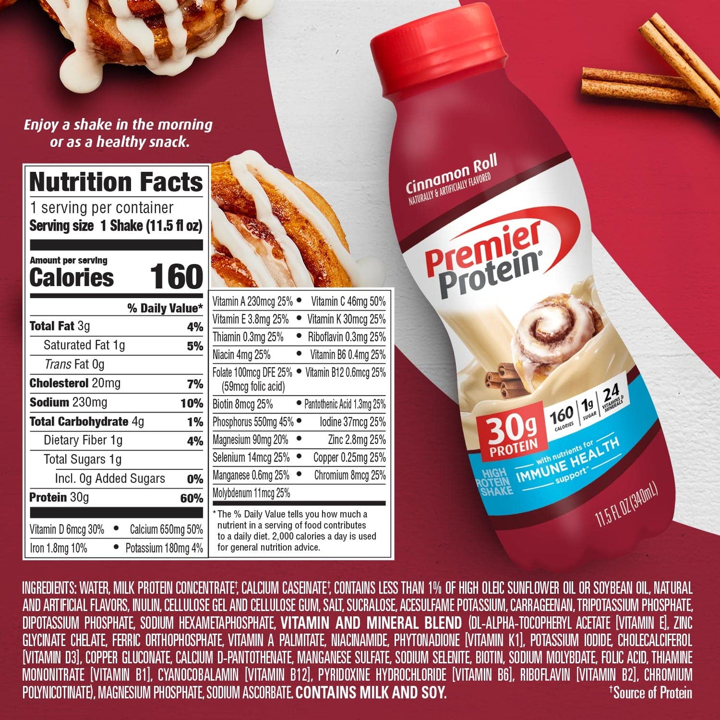 Premier Protein Shake, 30g Protein, 1g Sugar,24 Vitamins&Minerals Nutrients to Support Immune Health, Cinnamon Roll,11.5 fl oz -