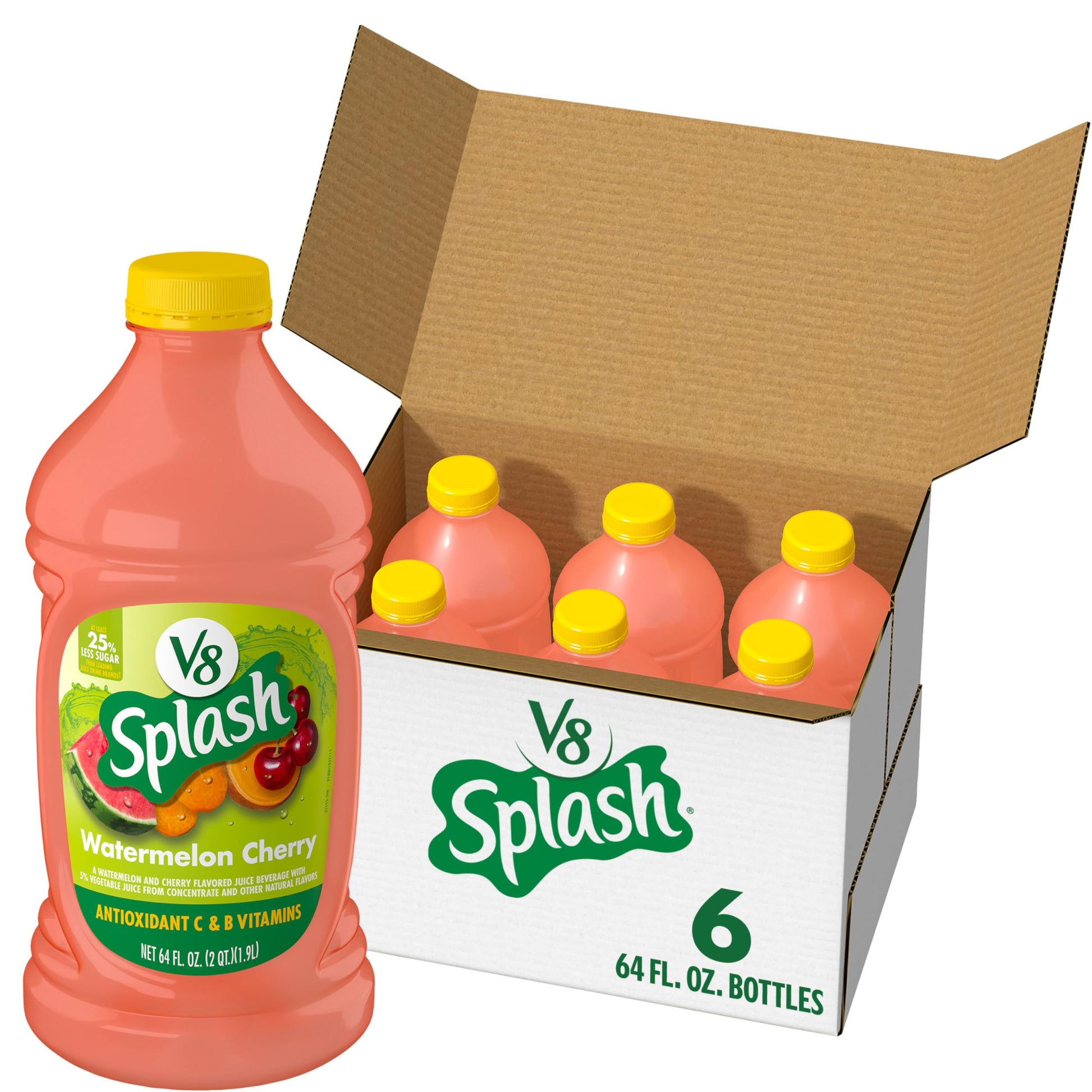 V8 Splash Juice Beverage, Watermelon Cherry Flavor, 64 fl oz Bottle, Pack of 6