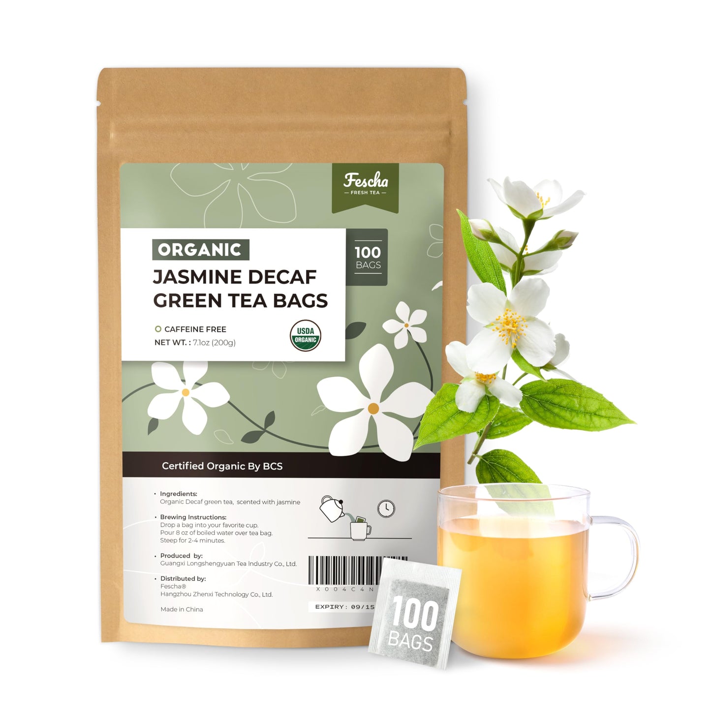 Fescha Organic Decaf Jasmine Green Tea Bags Flower-scented Tea (100-count), Eco-Conscious Tea Bags, Packed by Resealable Kraft B